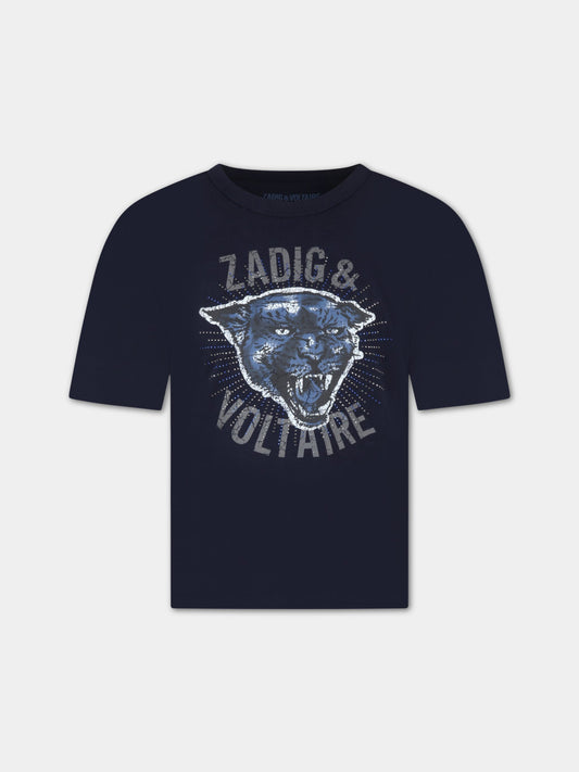 T-shirt blu per bambina con tigre e logo,Zadig & Voltaire Kids,X15386 83D