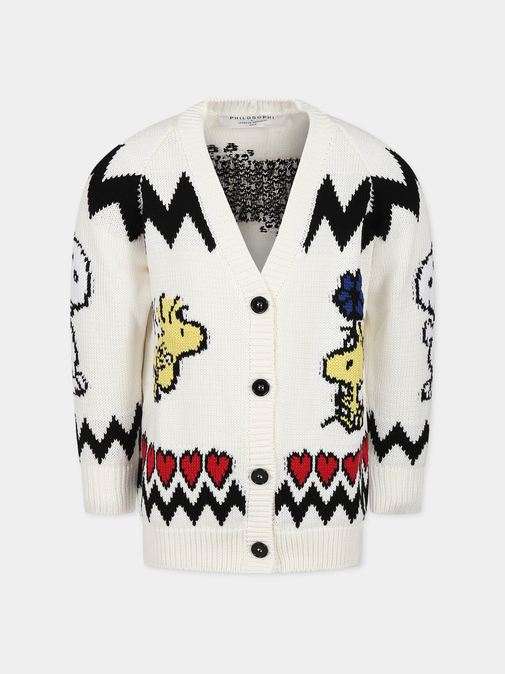 Cardigan bianco per bambina con cuori e Snoopy,Philosophy,PJMA85C FL01 D030