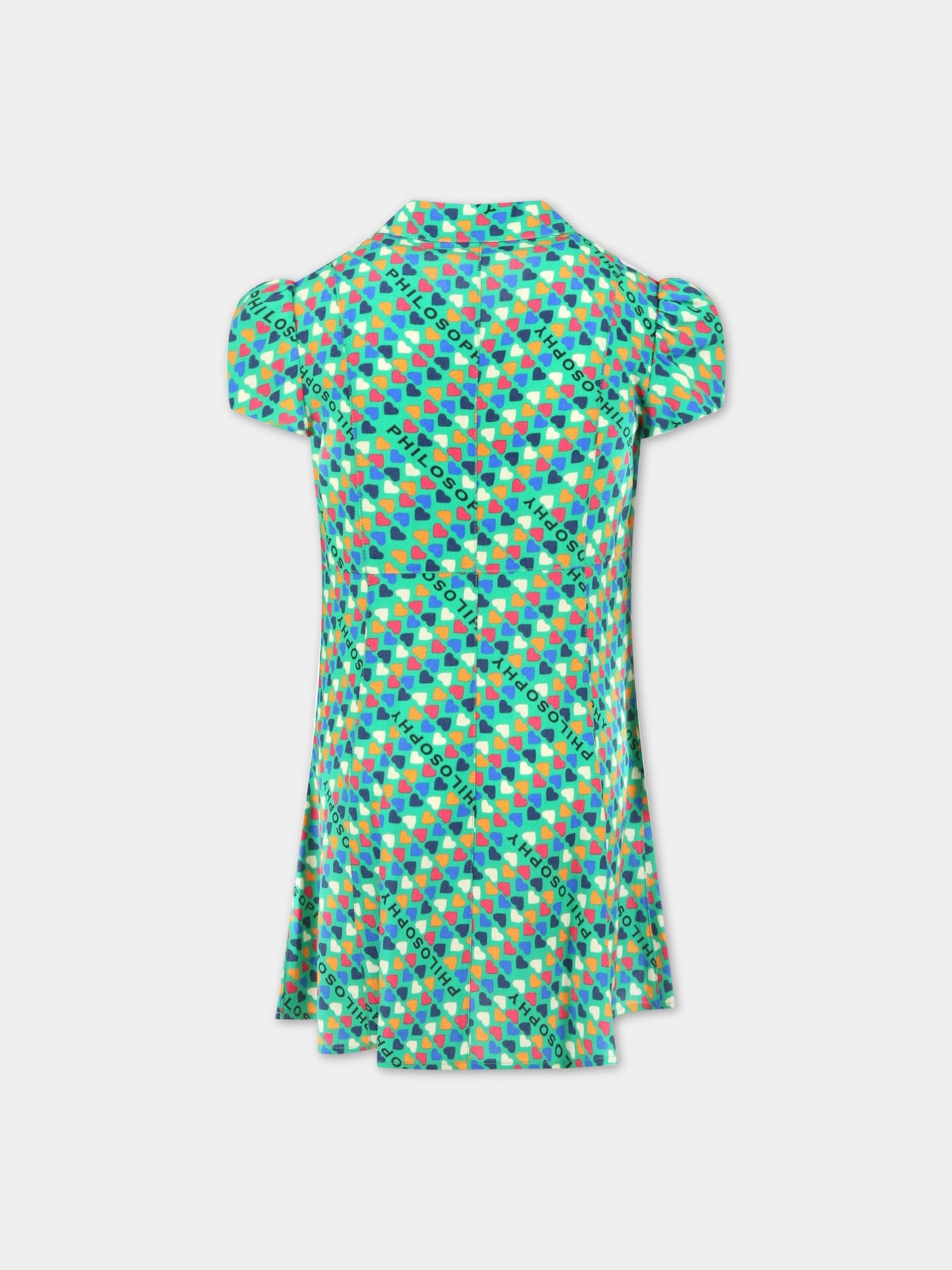 Vestito verde per bambina con cuori e logo,Philosophy,PJAB248 GA111 1002
