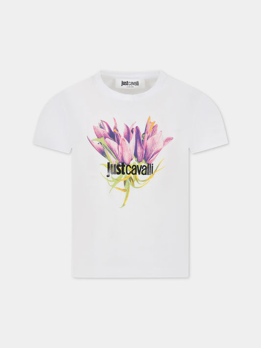 T-shirt bianca per bambina con stampa floreale e logo,Just Cavalli,JFTS001 JE138 B002