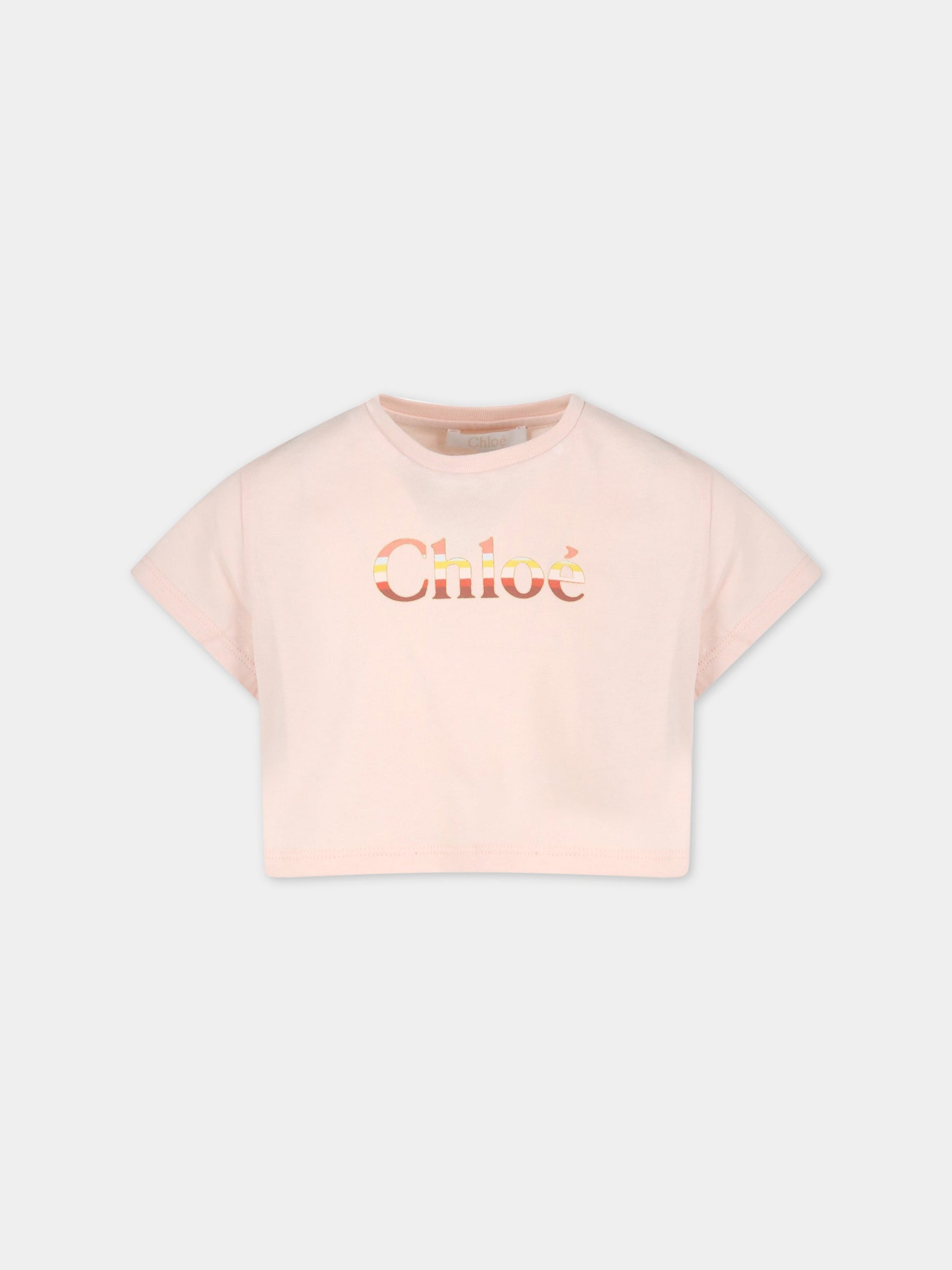 T-shirt rosa per bambina con logo multicolor,Chloé Kids,C15E07 45K