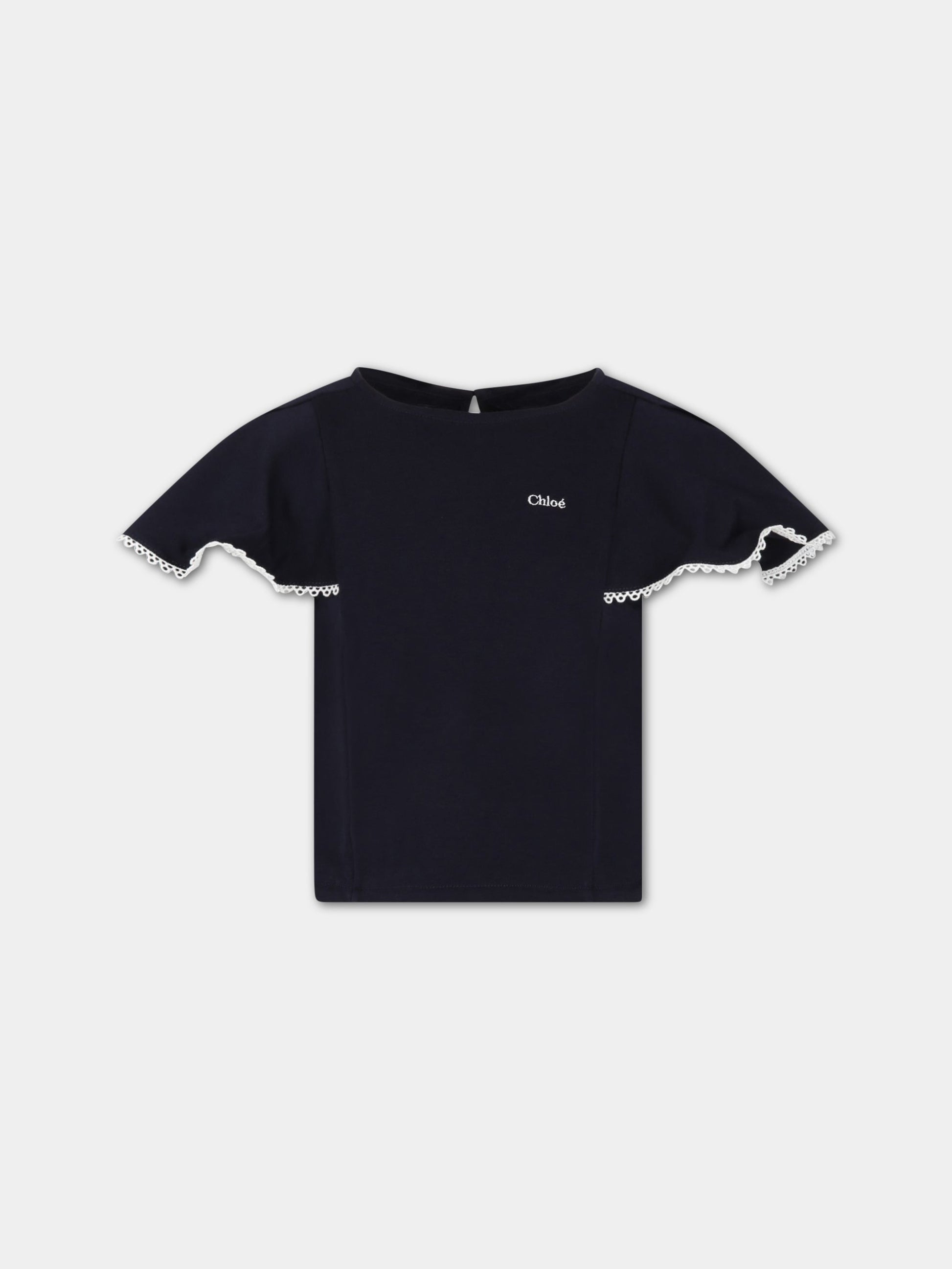 T-shirt blu per bambina con logo bianco,Chloé Kids,C15E08 859