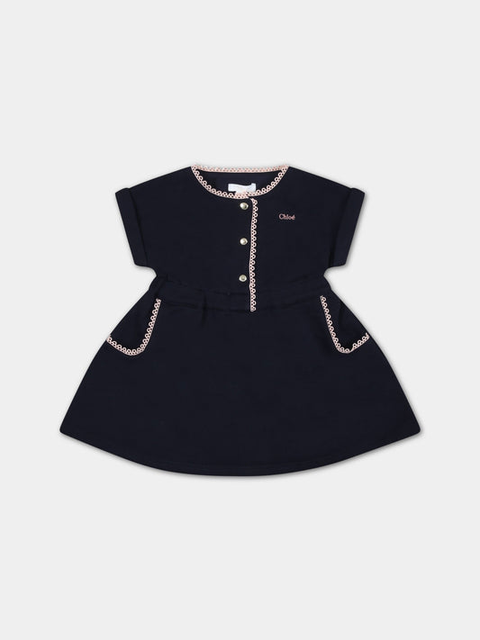 Vestito blu per neonata con logo rosa,Chloé Kids,C02338 859