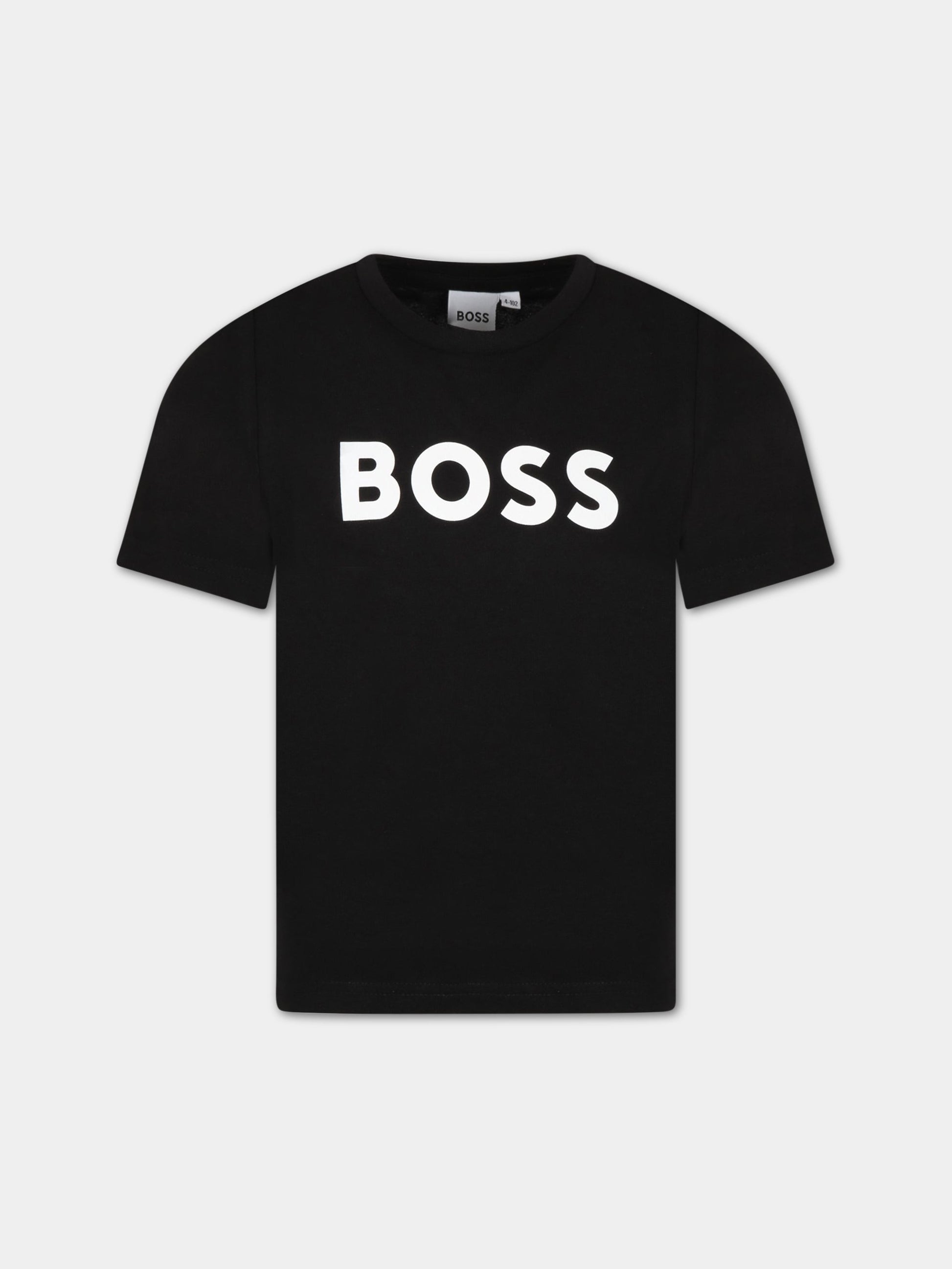 T-shirt nera per bambino con logo bianco,Boss,J25P24 09B