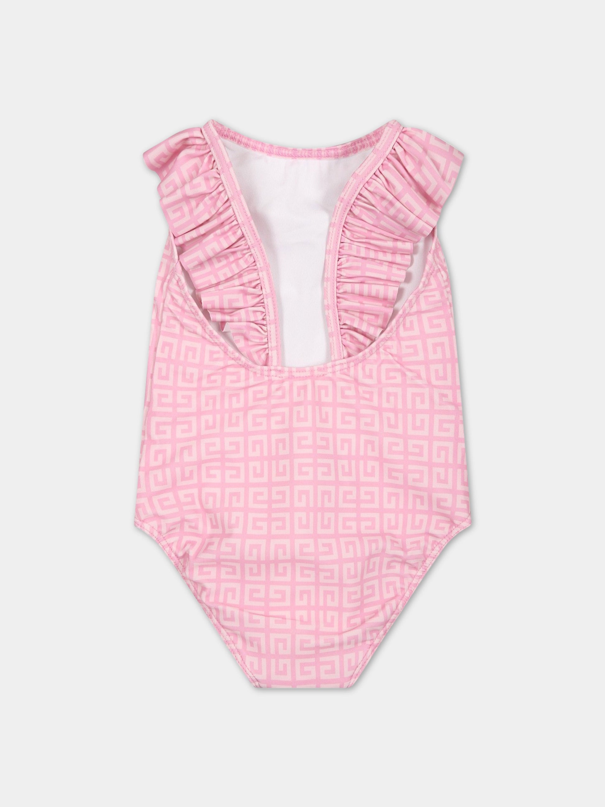 Costume rosa intero per neonata con iconico monogramma all-over,Givenchy Kids,H00063 Z40