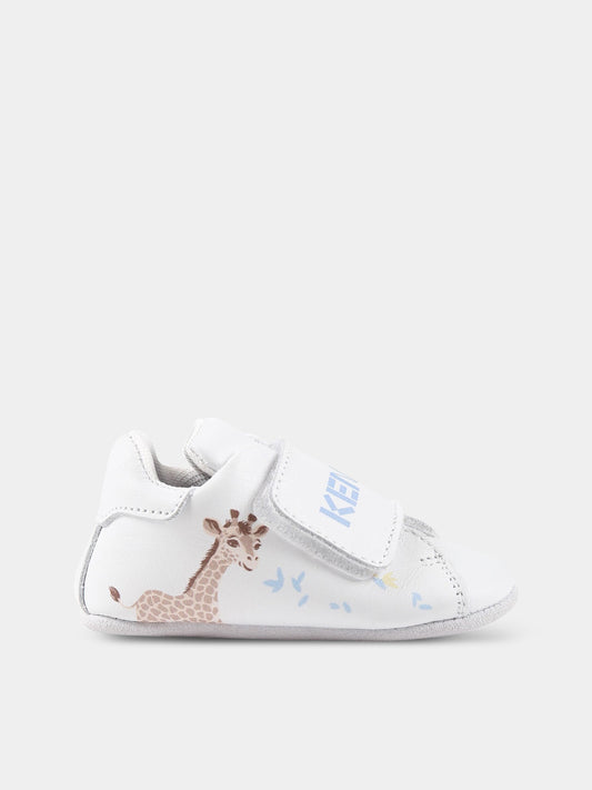 Sneakers bianche per neonato con animali e logo,Kenzo Kids,K99011 10P