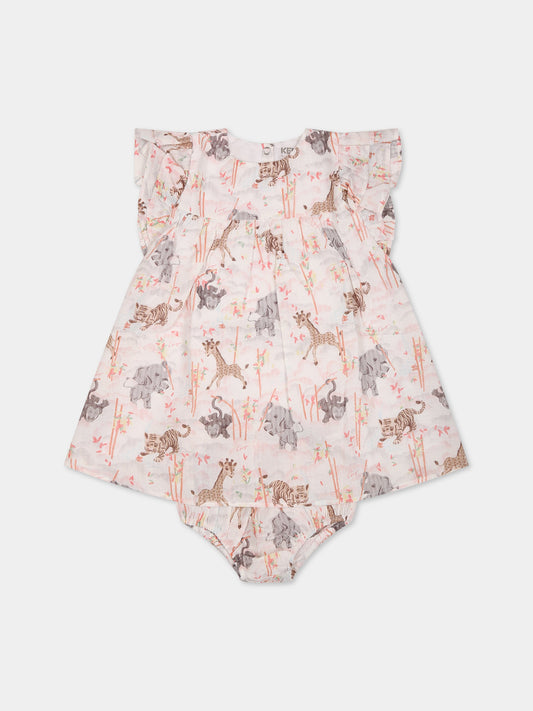 Completo multicolor per neonata con stampa animali e logo all-over,Kenzo Kids,K98113 10P