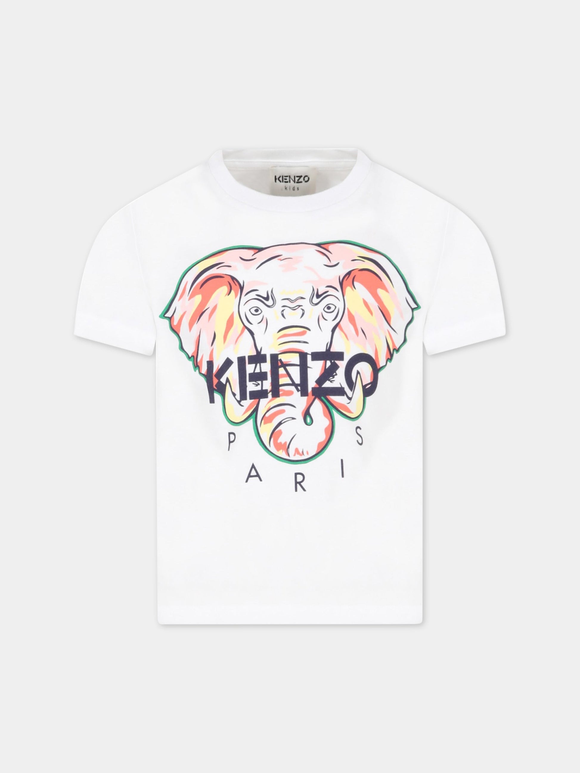 T-shirt bianca per bambina con elefante e logo,Kenzo Kids,K15619 10P