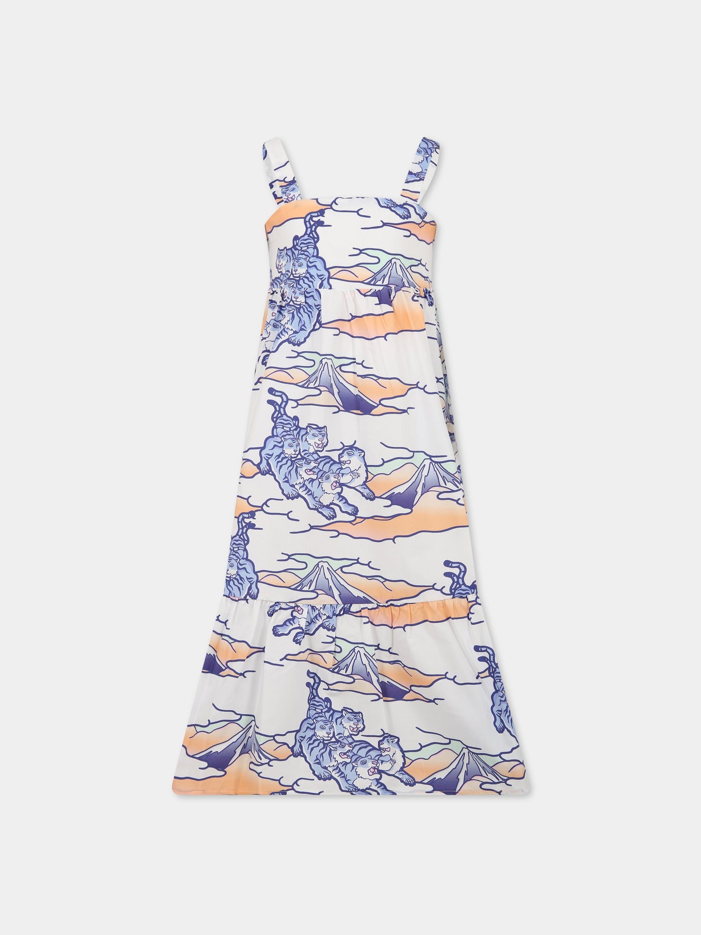 Vestito bianco per bambinaa con stampa multicolor, tigri e logo,Kenzo Kids,K12298 10P