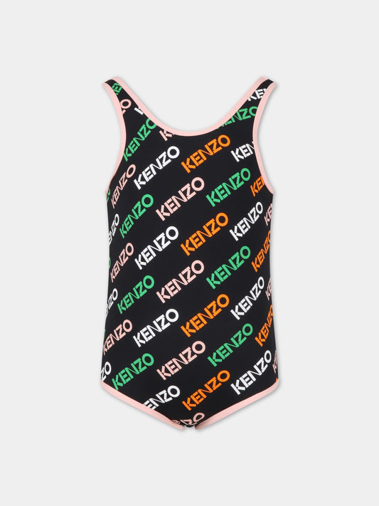 Costume nero da bagno per bambina con logo multicolor all-over,Kenzo Kids,K10066 09P