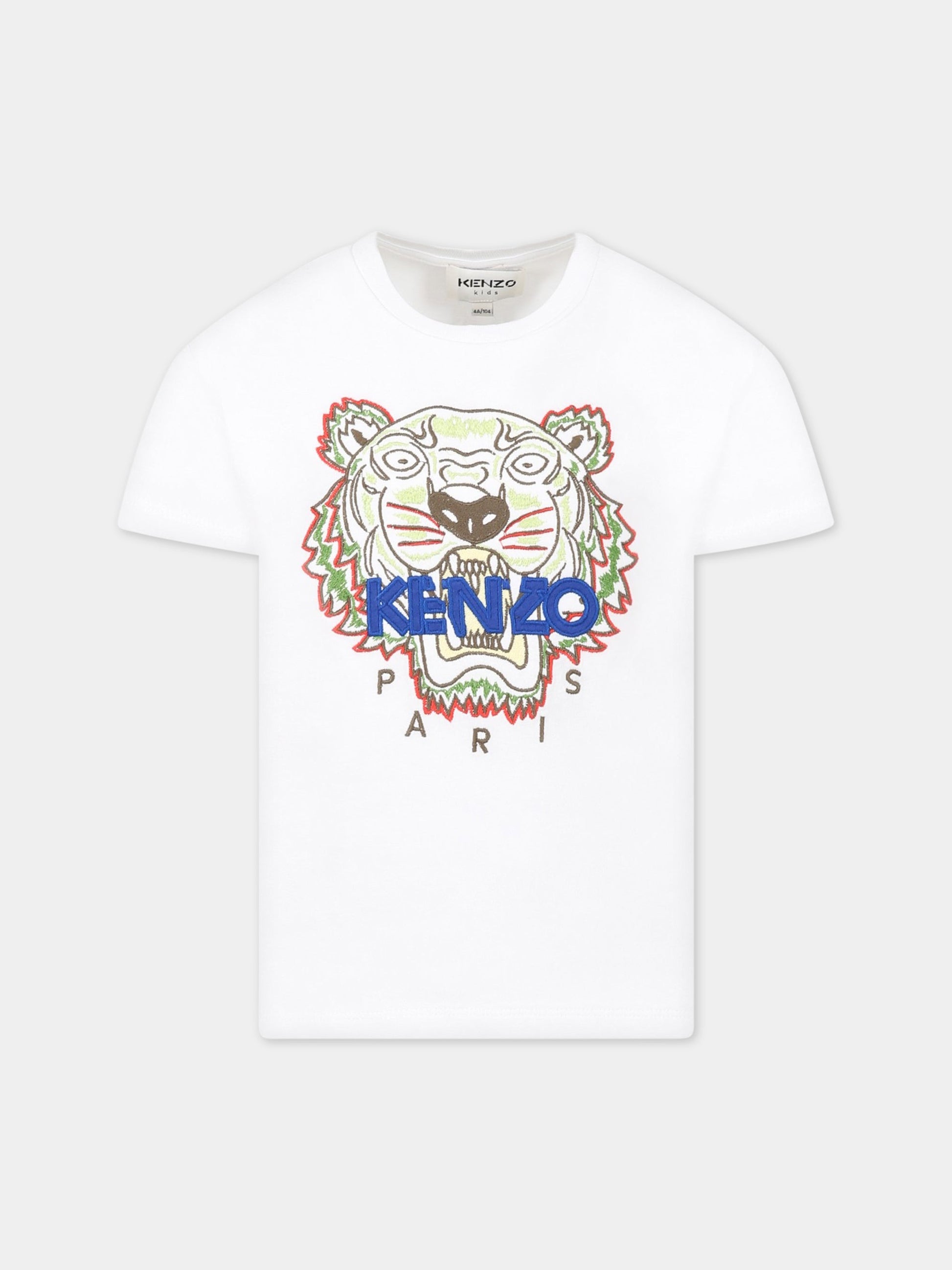 T-shirt bianca per bambino con iconica tigre  e logo,Kenzo Kids,K25803 10P