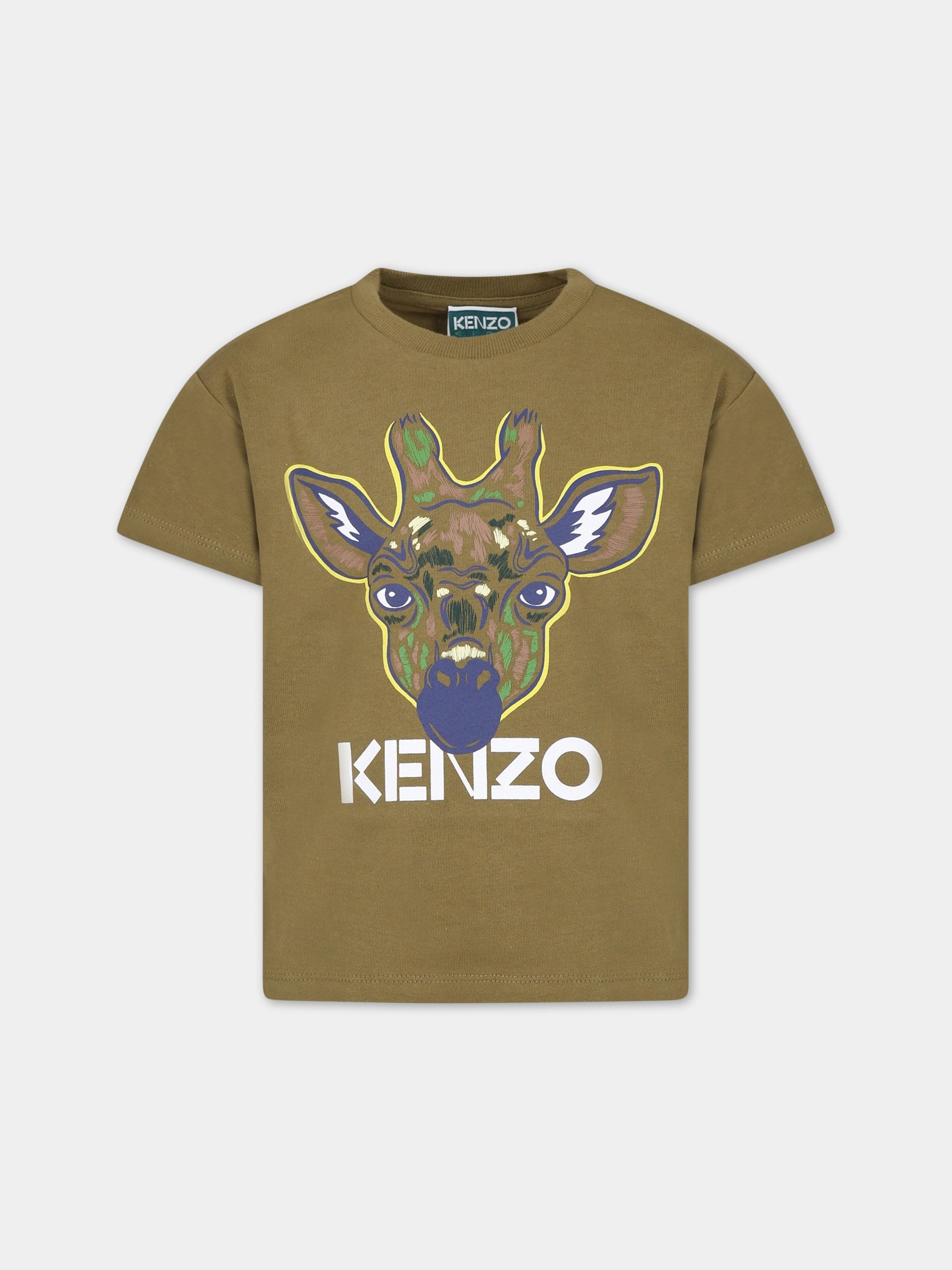 T-shirt verde per bambino con giraffa e logo,Kenzo Kids,K25781 626