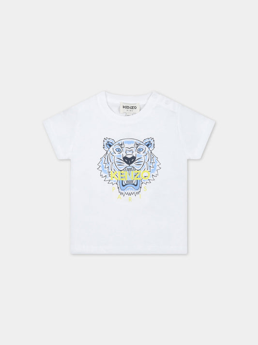 T-shirt bianca per neonato con trigre iconica e logo,Kenzo Kids,K05480 10B