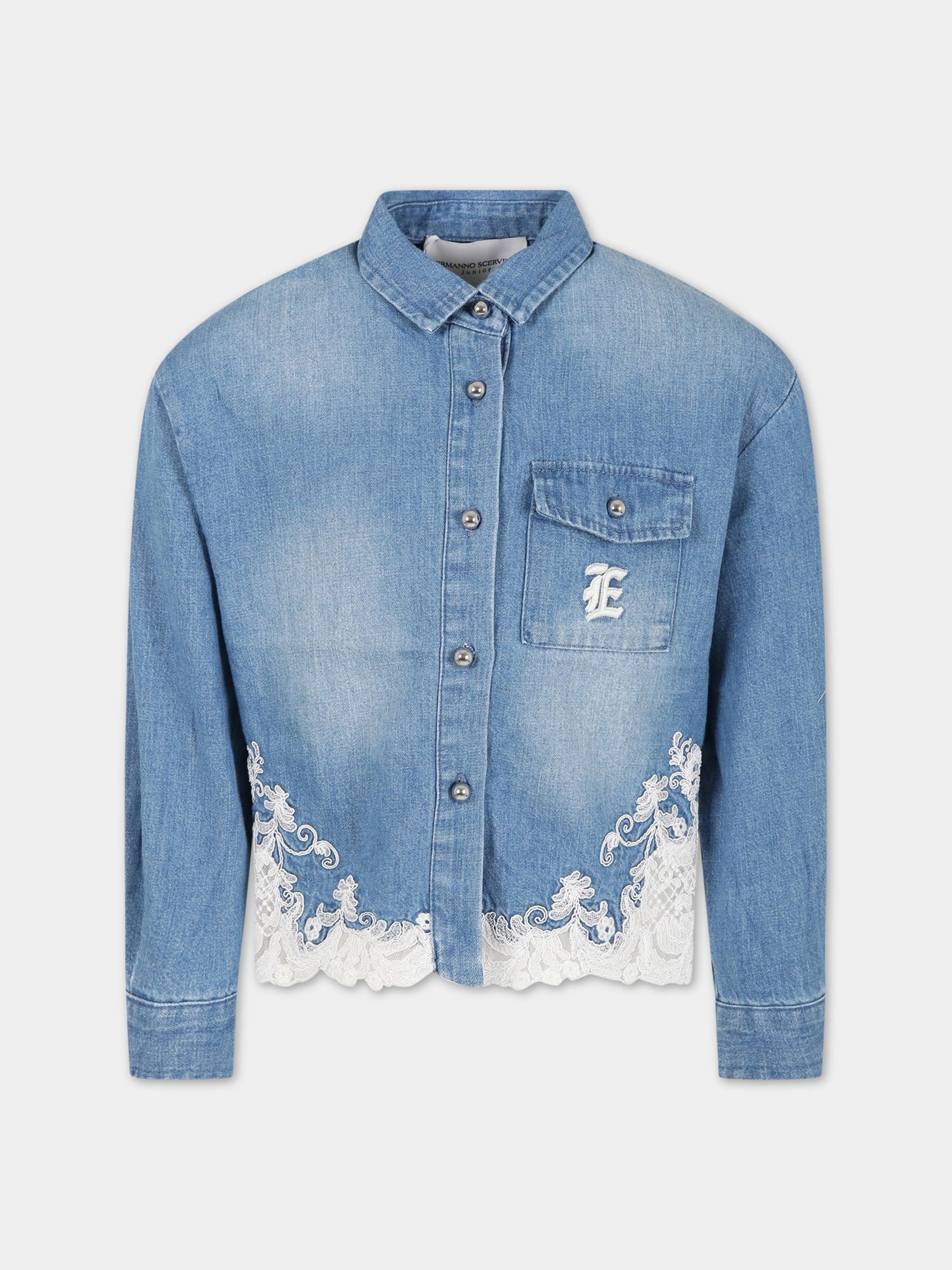 Camicia blu per bambina con logo,Ermanno Scervino Junior,SFCA040C DF020 4006