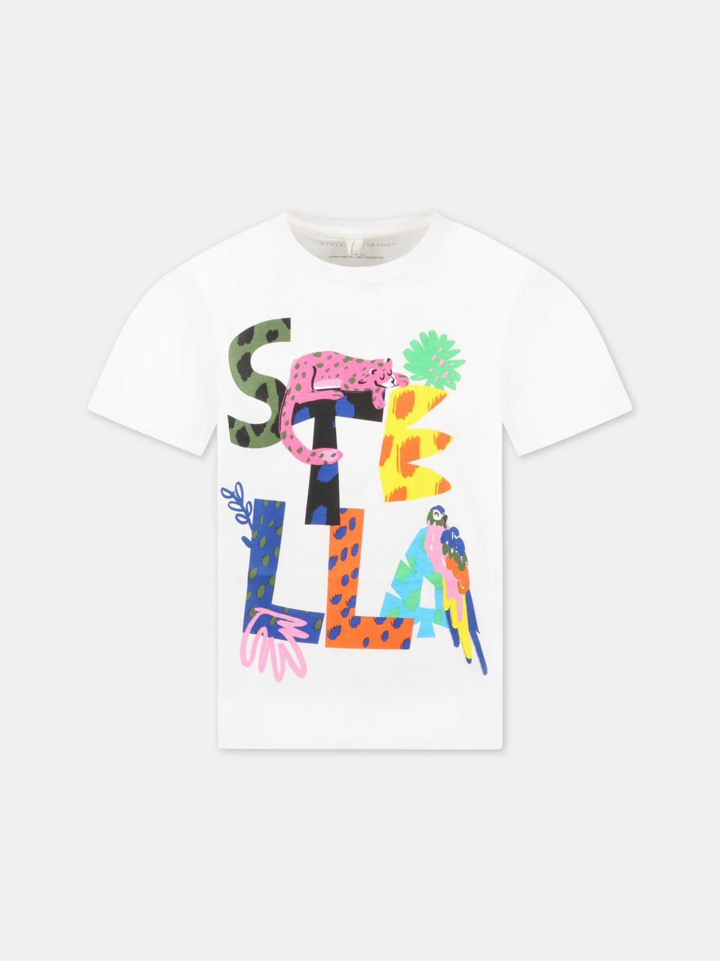 T-shirt bianca per bambina con logo e animali,Stella Mccartney Kids,TS8D01 Z0434 101