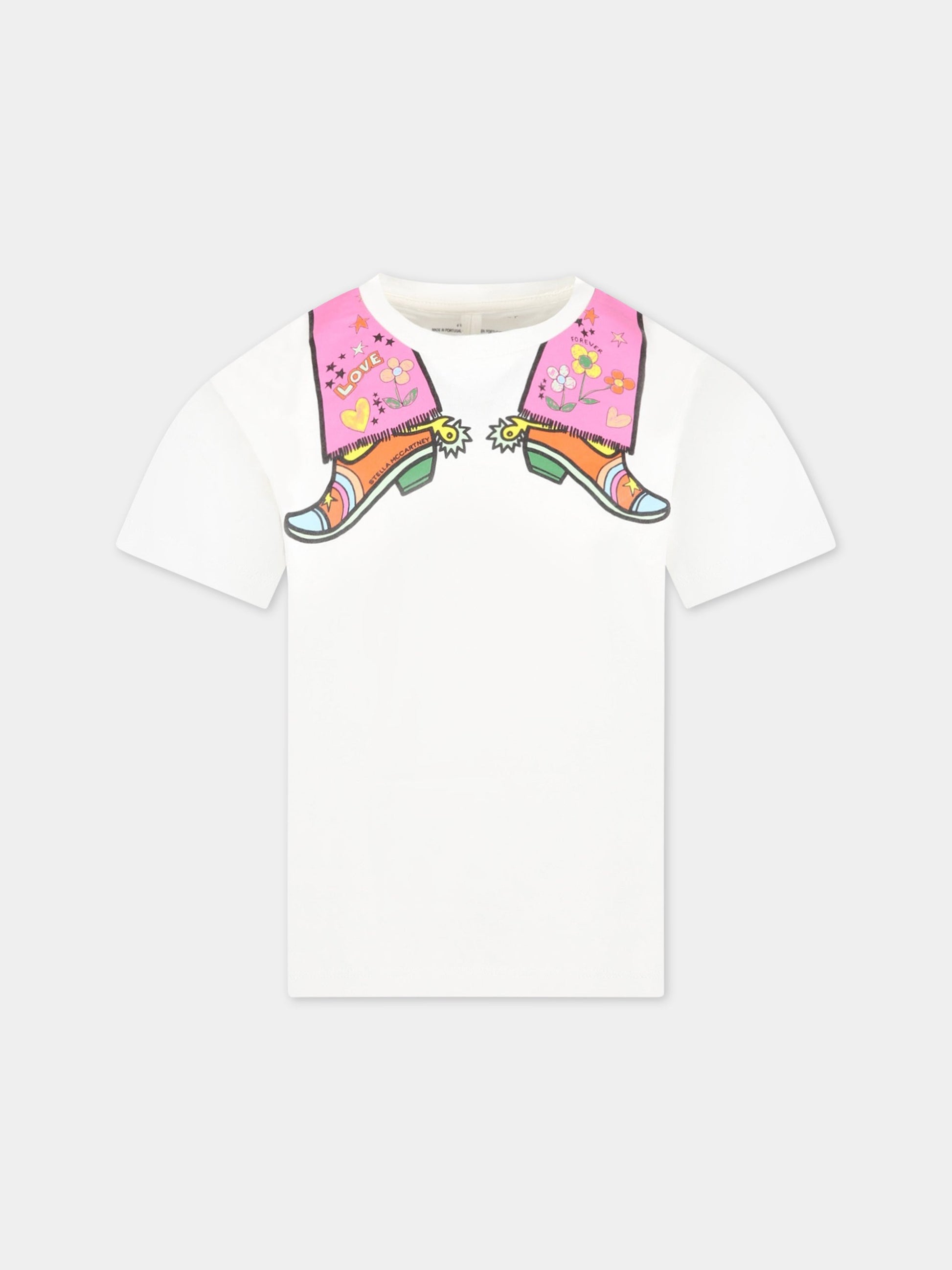 T-shirt bianca per bambina con stivali e logo,Stella Mccartney Kids,TS8D31 Z0434 101