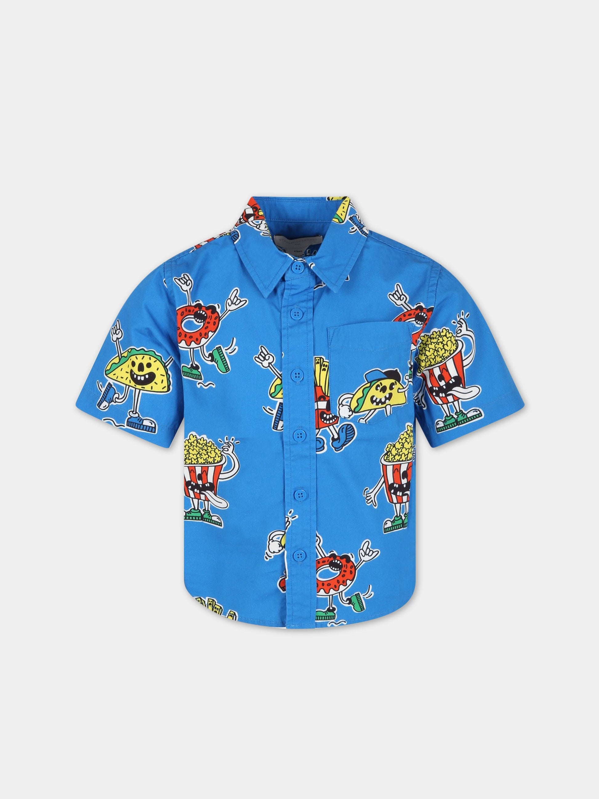 Camicia azzurra per bambino con cibo animato,Stella Mccartney Kids,TS5P11 Z0976 611MC