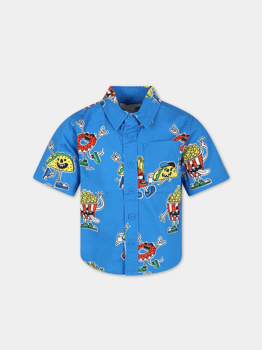 Camicia azzurra per bambino con cibo animato,Stella Mccartney Kids,TS5P11 Z0976 611MC
