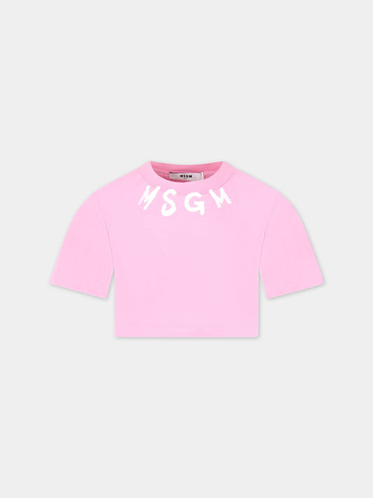 T-shirt rosa corta per bambina con logo bianco,Msgm Kids,MS029339 042