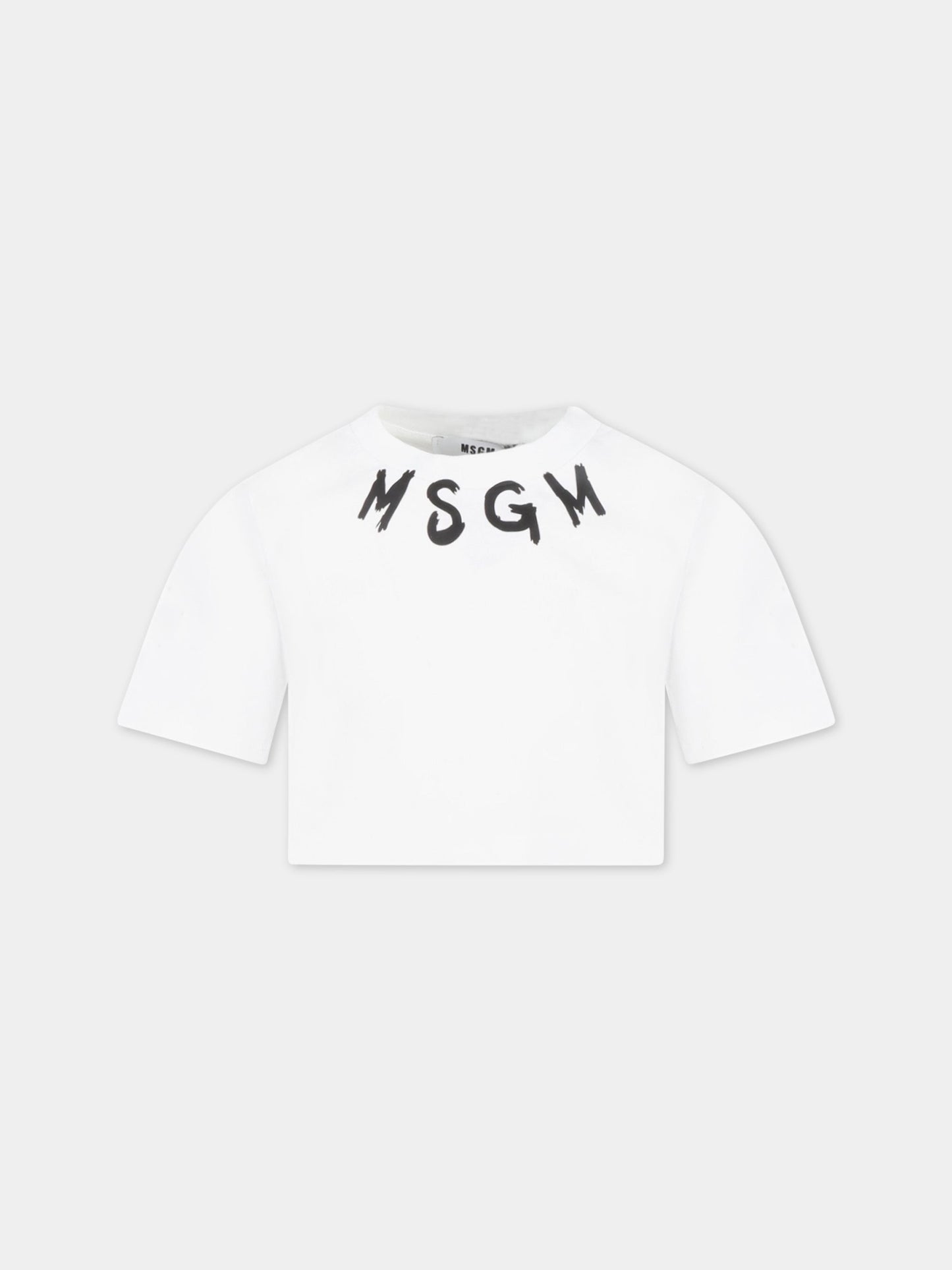 T-shirt bianca corta per bambina con logo nero,Msgm Kids,MS029339 001