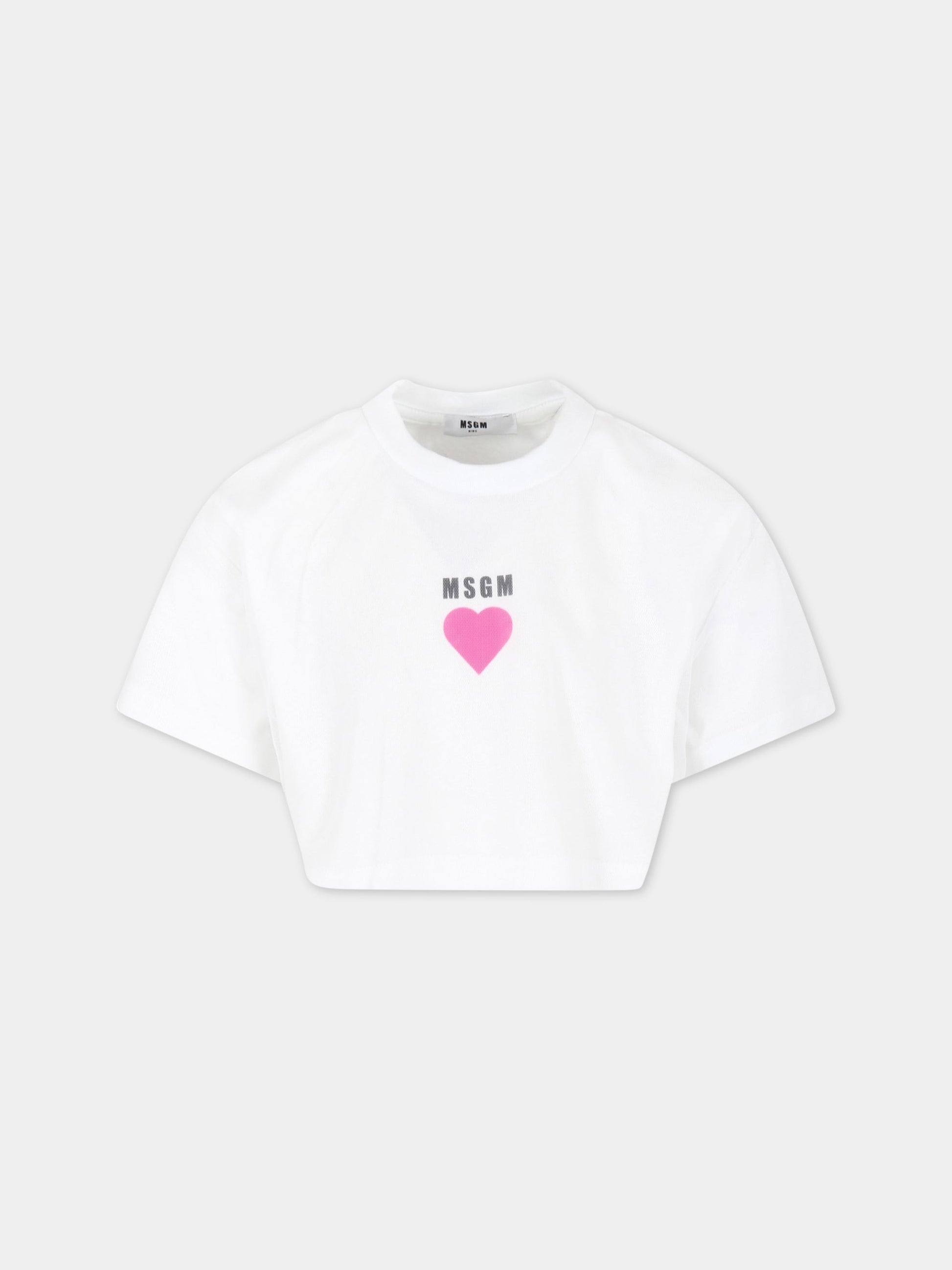 T-shirt bianca per bambina con cuore e logo,Msgm Kids,MS029437 001