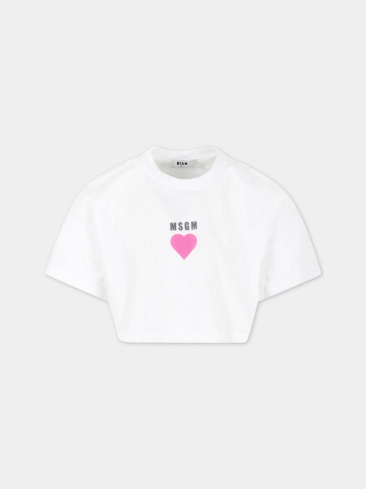 T-shirt bianca per bambina con cuore e logo,Msgm Kids,MS029437 001