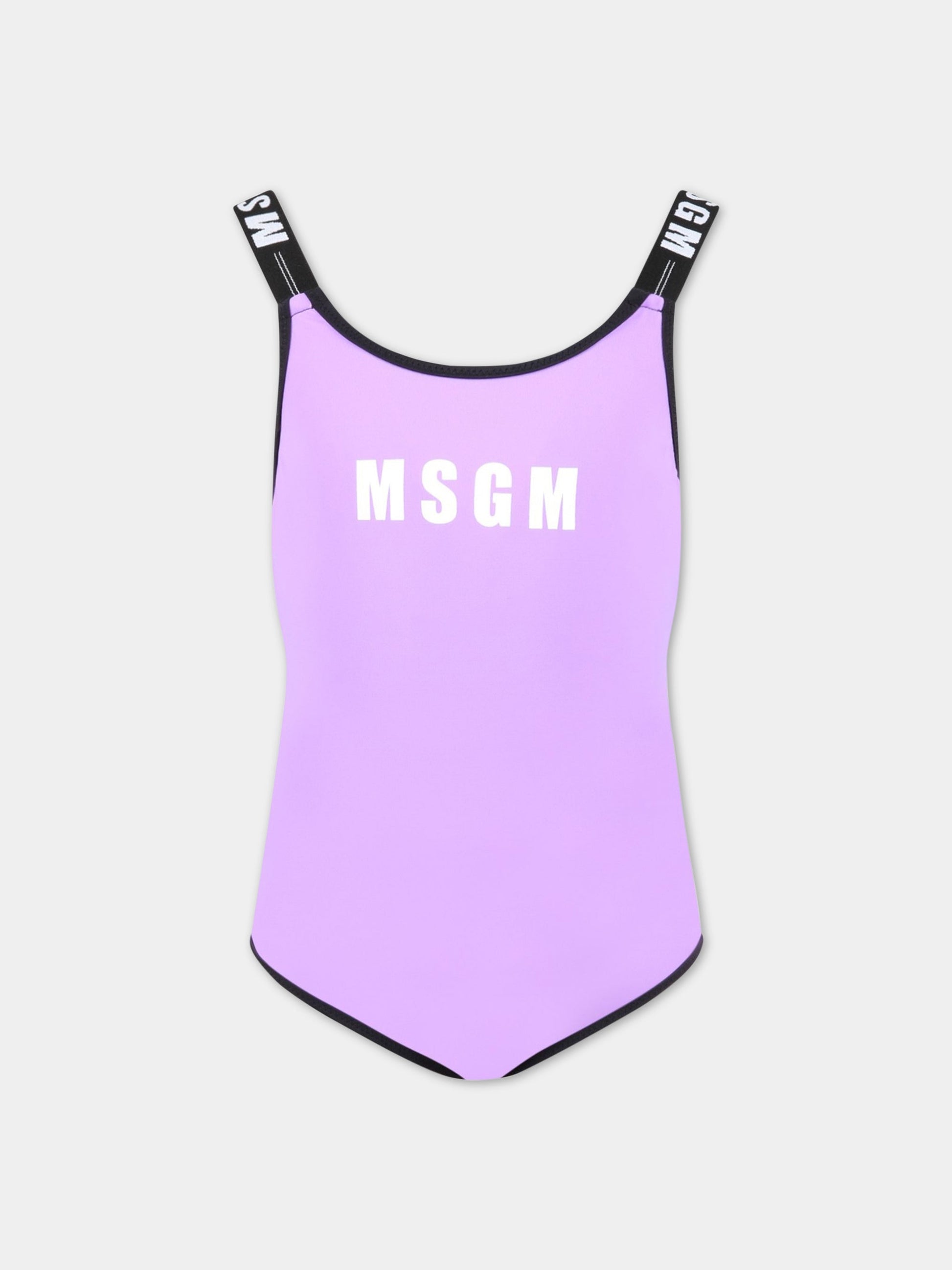 Costume viola da bagno per bambina con logo bianco,Msgm Kids,MS029343 071