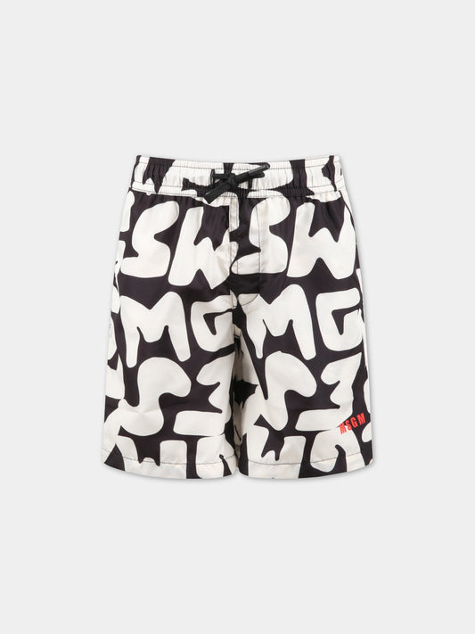 Boxer neri da mare per bambino con logo avorio,Msgm Kids,MS029532 200
