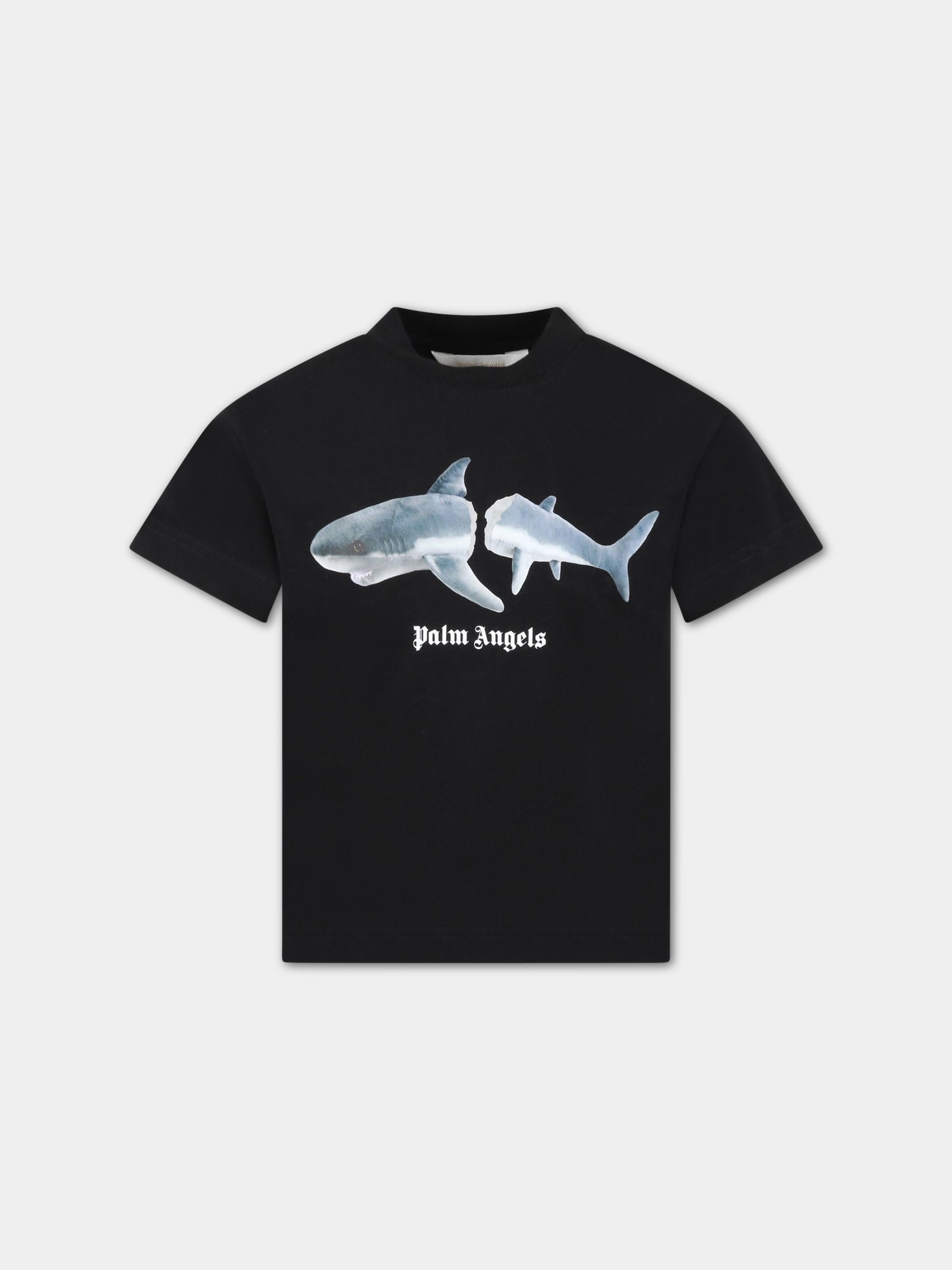 T-shirt nera per bambino con logo bianco e squalo,Palm Angels,PBAA003C99JER0031006