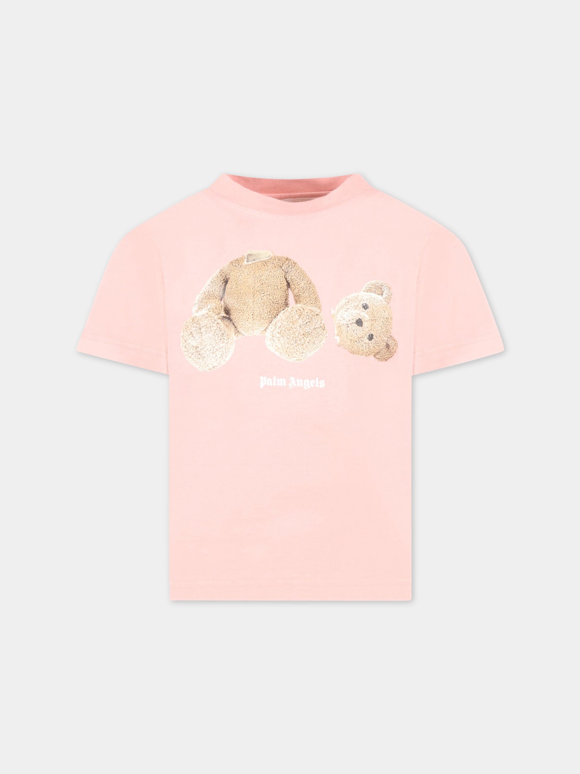 T-shirt rosa per bambina con orso e logo bianco,Palm Angels,PGAA002C99JER0013060