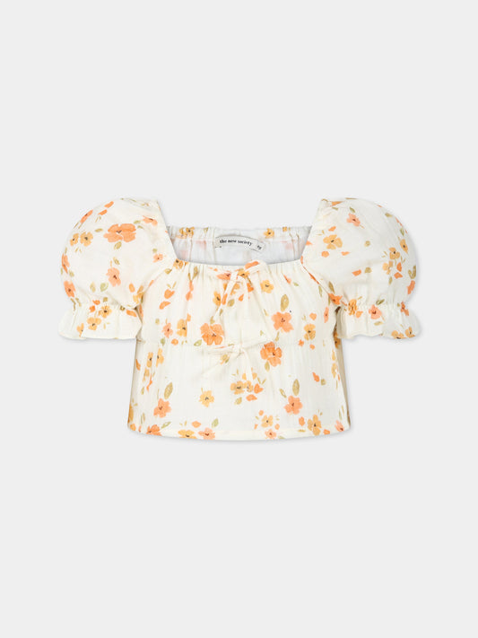 T-shirt avorio per bambina con stampa fiori,The New Society,S23 K WV010 FIORELLA