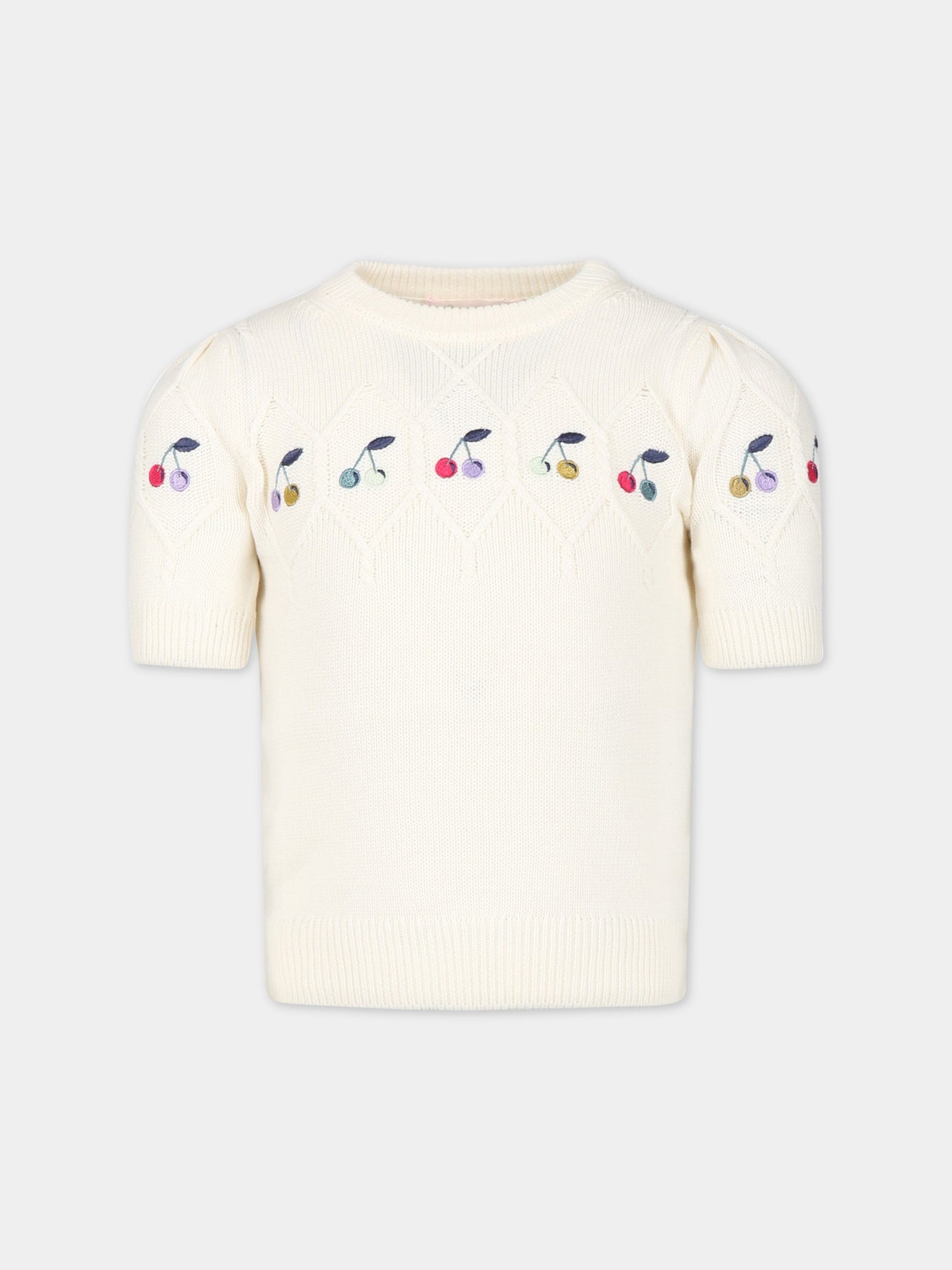 Maglione bianco per bambina con ciliegie ricamate,Bonpoint,S03GJUK00001 080