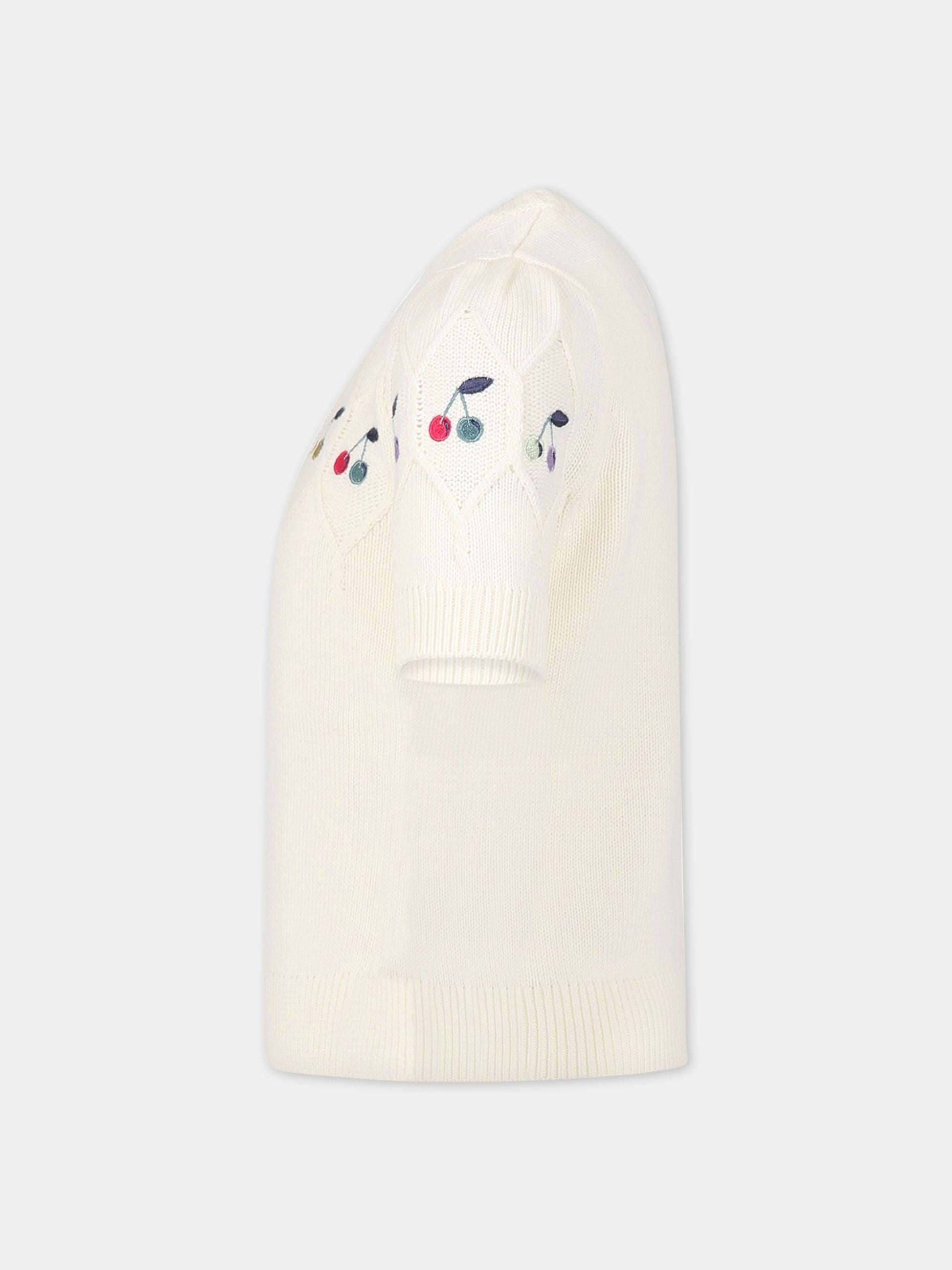 Maglione bianco per bambina con ciliegie ricamate,Bonpoint,S03GJUK00001 080