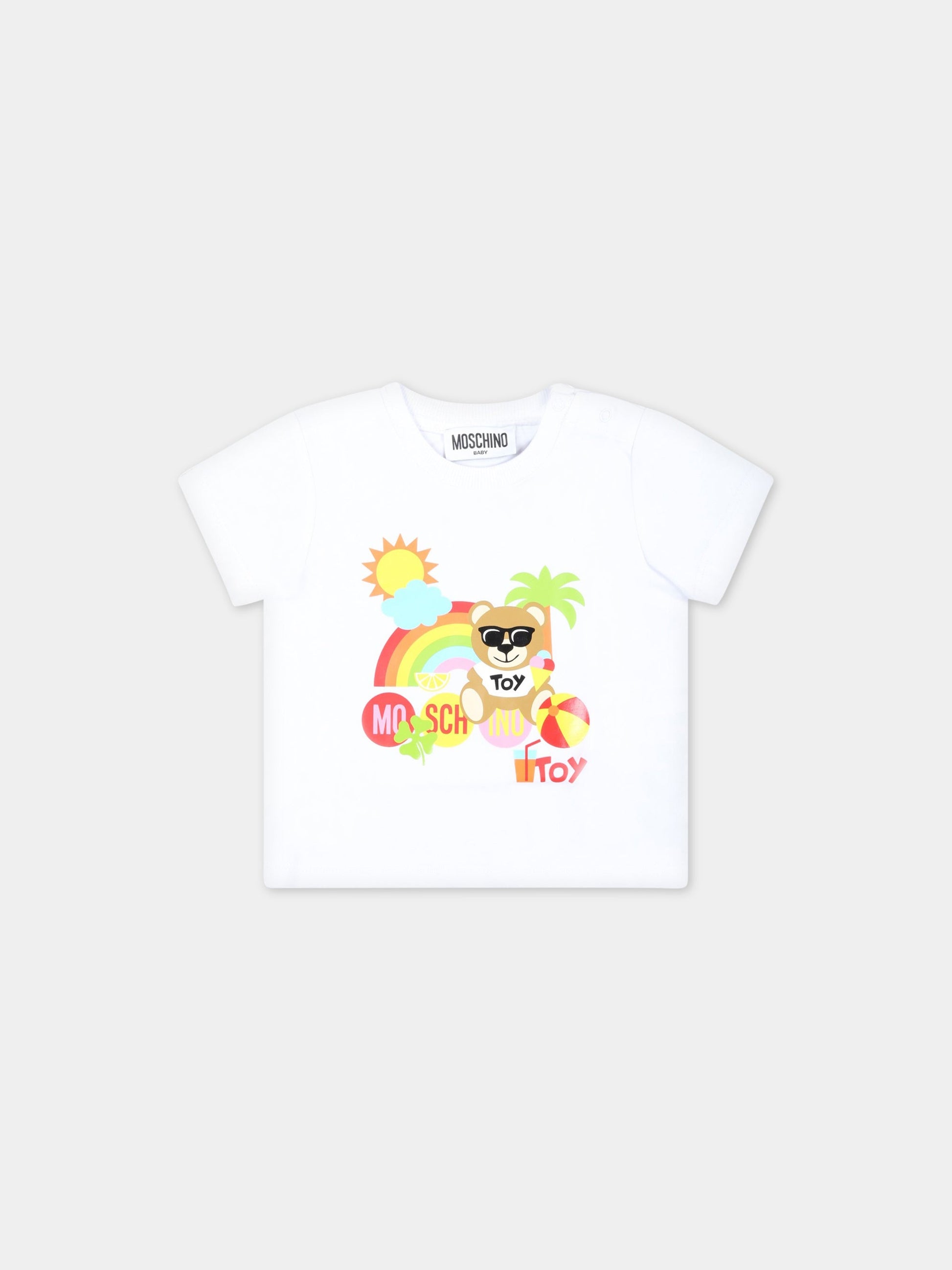 T-shirt bianca per neonati con Teddy Bear sulla spiaggia,Moschino Kids,MMM031 LBA08 10101