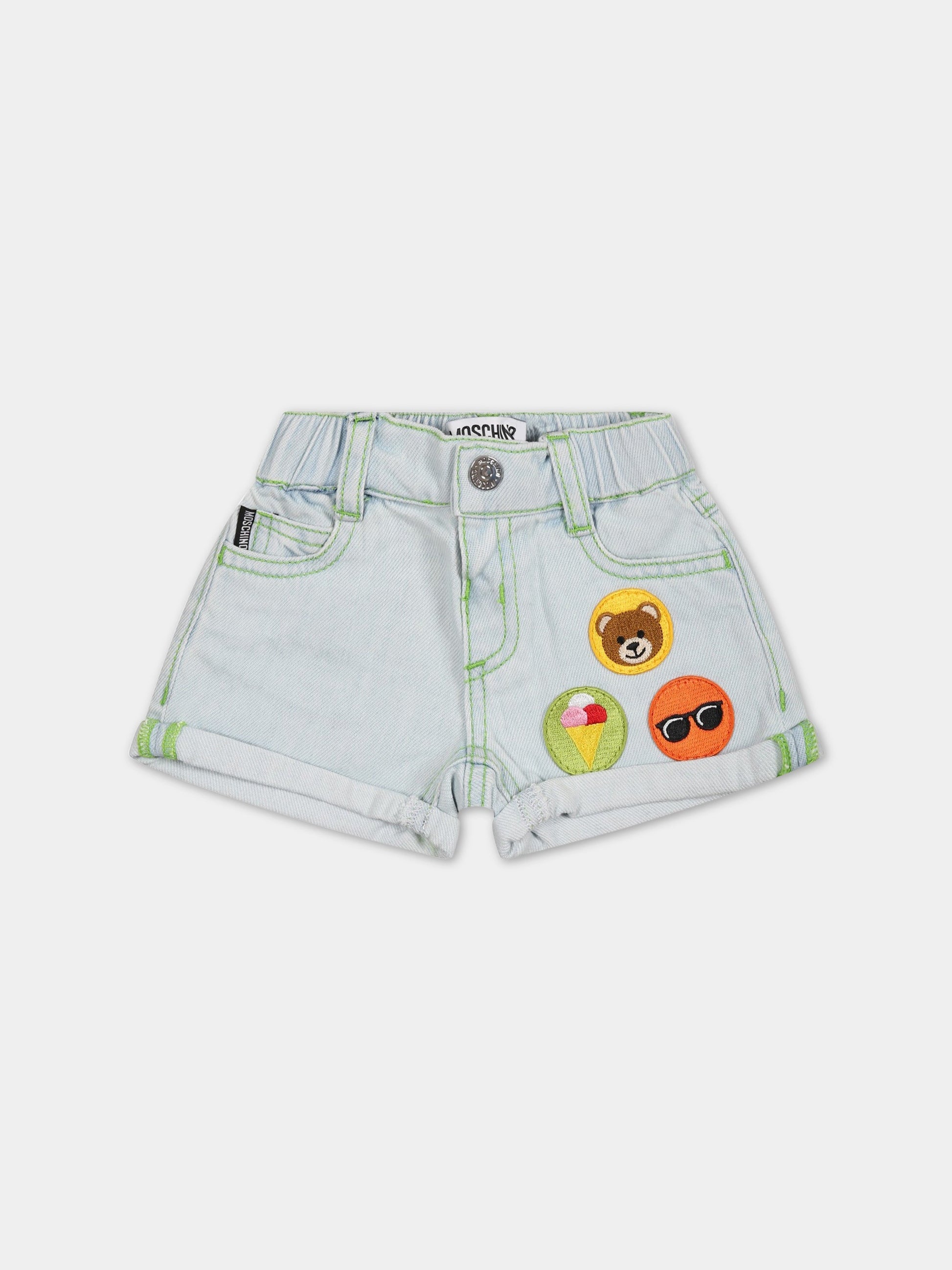 Shorts celesti per neonato con patch e logo,Moschino Kids,MUQ00Q L0E12 40213