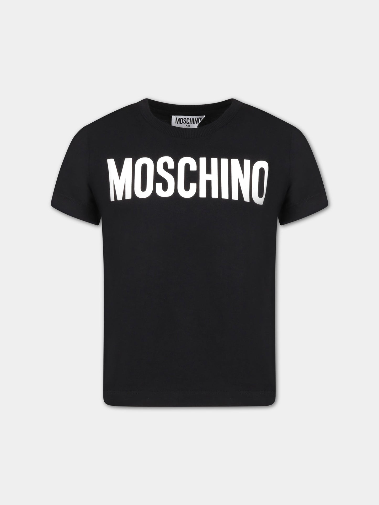 T-shirt nera per bambino con logo bianco,Moschino Kids,HWM03L LAA02 60100