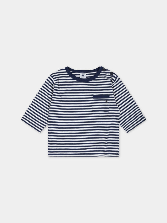 T-shirt multicolor a righe per neonato con logo,Petit Bateau,A0727 MEDIEVAL/MARSHMALLOW