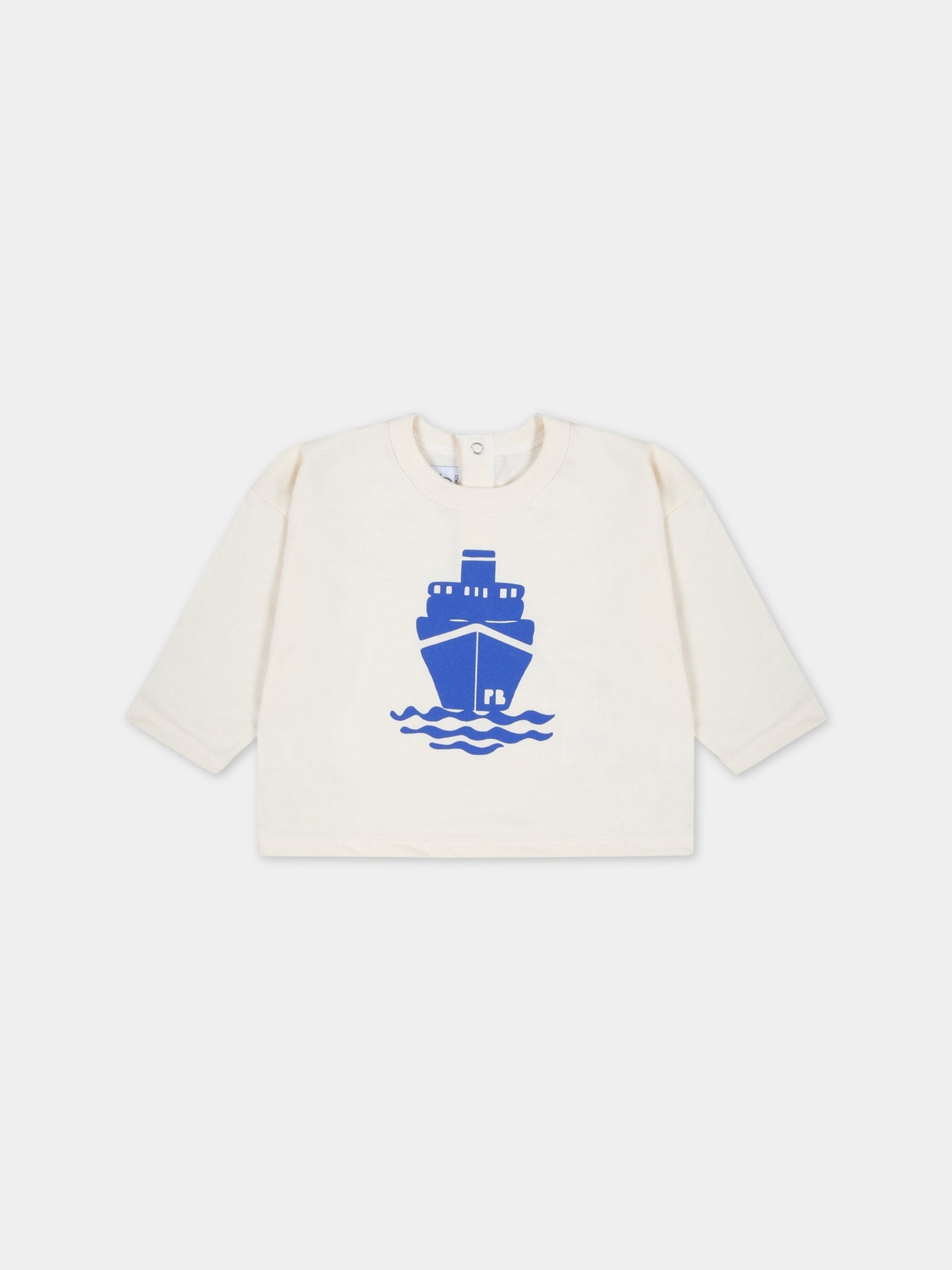 T-shirt avorio per neonato con barca blu,Petit Bateau,A07PX AVALANCHE