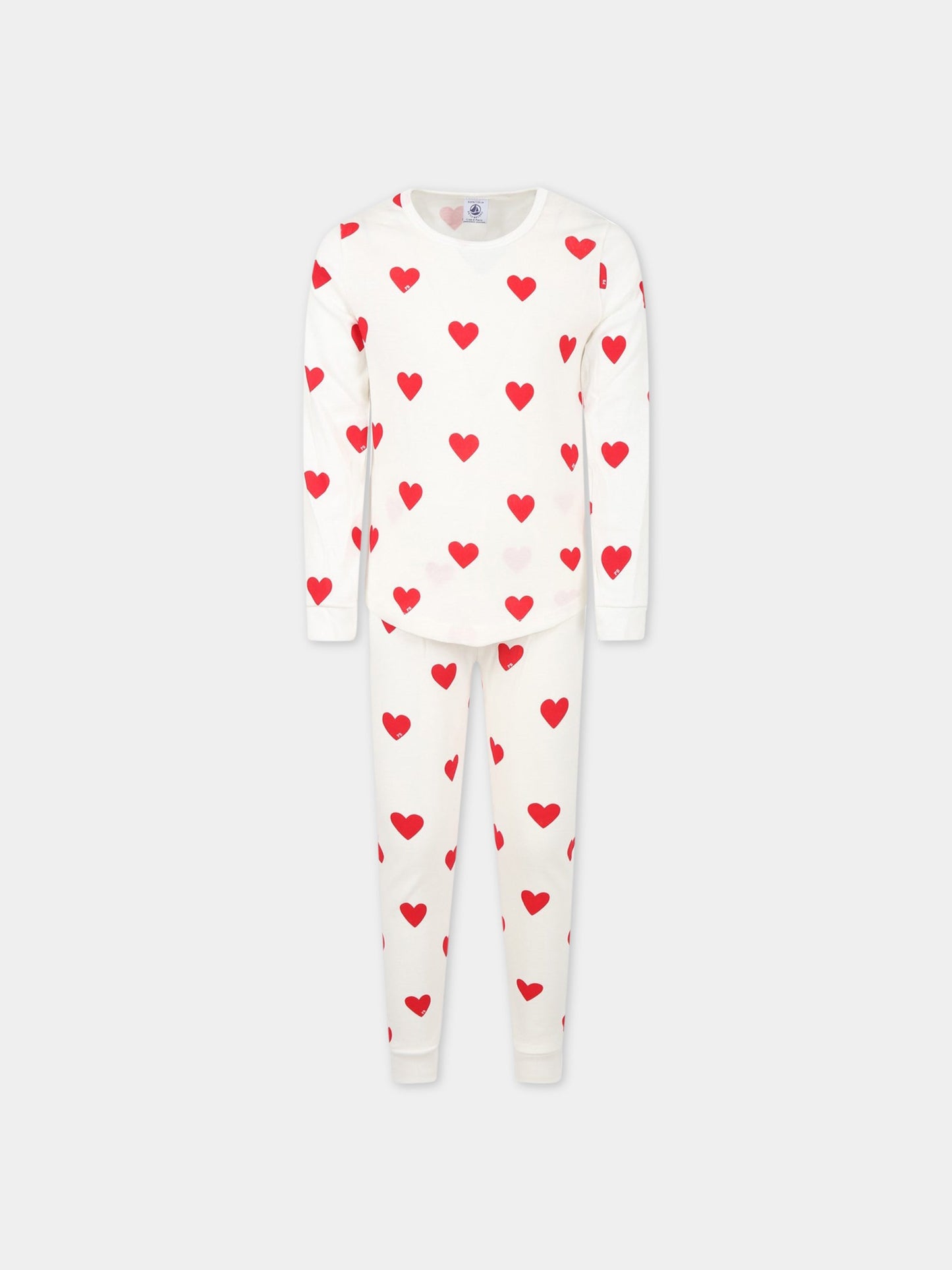 Pigiama bianco per bambina con cuori logati,Petit Bateau,59401 MARSHMALLOW/TERKUIT