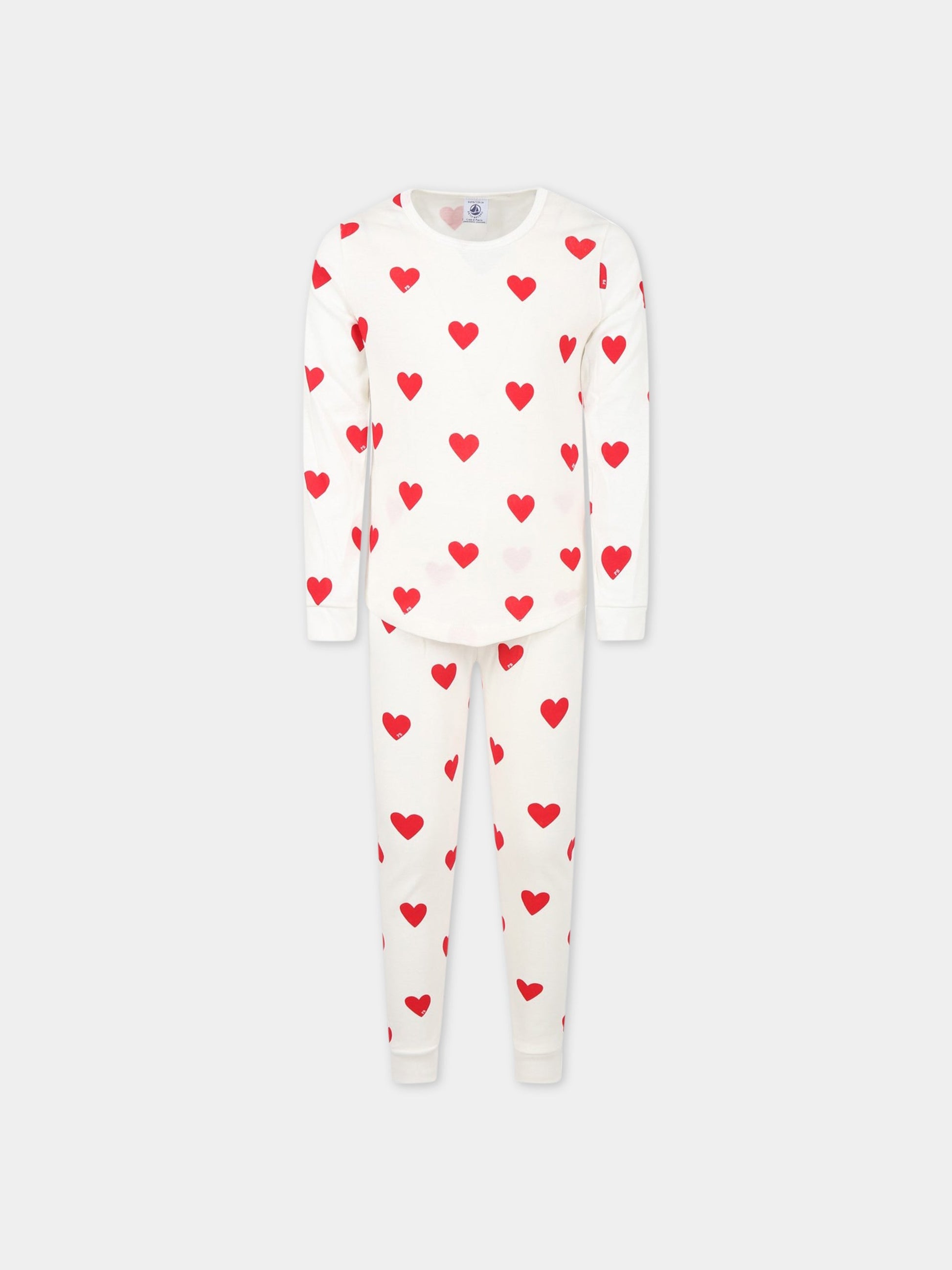 Pigiama bianco per bambina con cuori logati,Petit Bateau,59401 MARSHMALLOW/TERKUIT