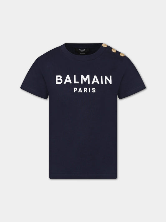 T-shirt blu per bambino con logo,Balmain Kids,BS8Q41 Z0057 649