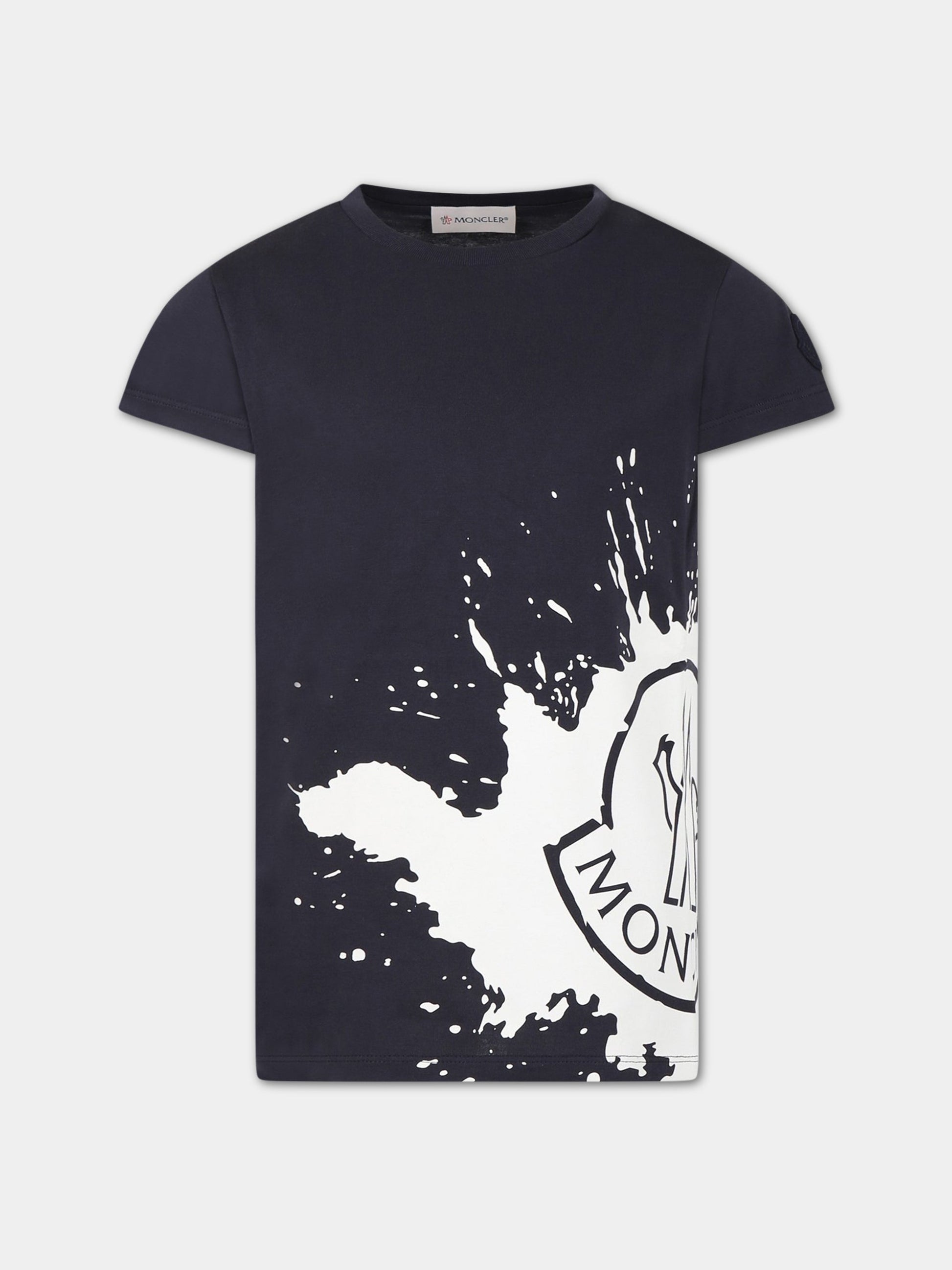 T-shirt blu per bambino con stampa e logo,Moncler Kids,954 8C00007 899WA 778