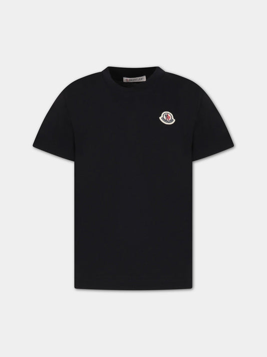 T-shirt nera per bambino con patch logato,Moncler Kids,954 8C00033 83907 999
