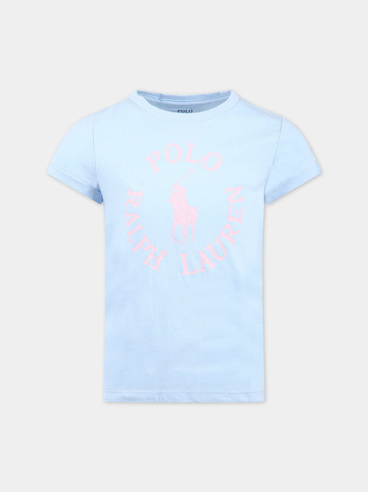T-shirt celeste per bambina con logo e iconico cavallino,Ralph Lauren Kids,903863001