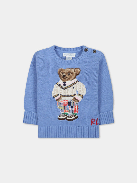Maglione celeste per neonato con orso e logo,Ralph Lauren Kids,900999001