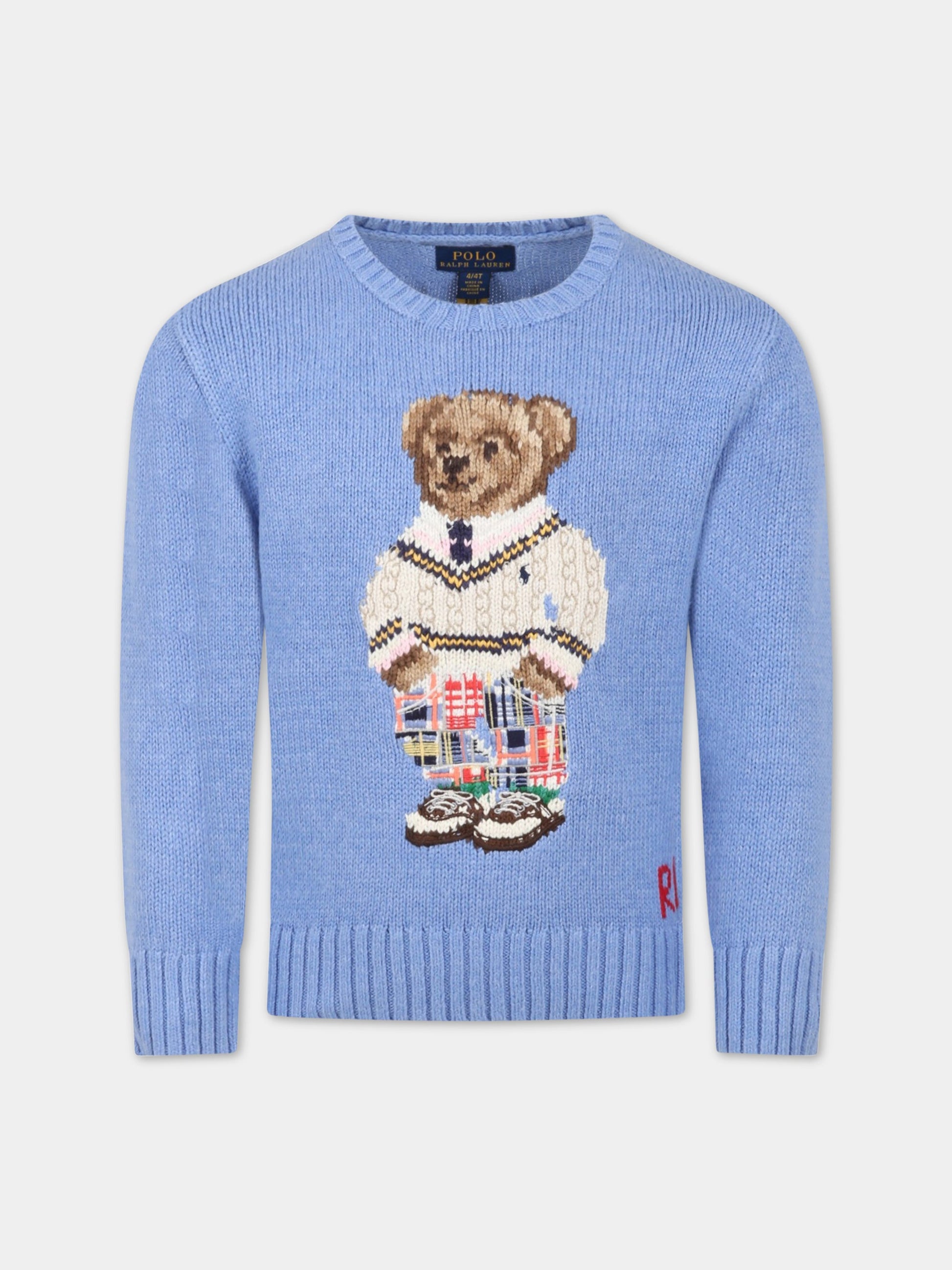 Maglione celeste per bambino con orso e logo,Ralph Lauren Kids,900999001