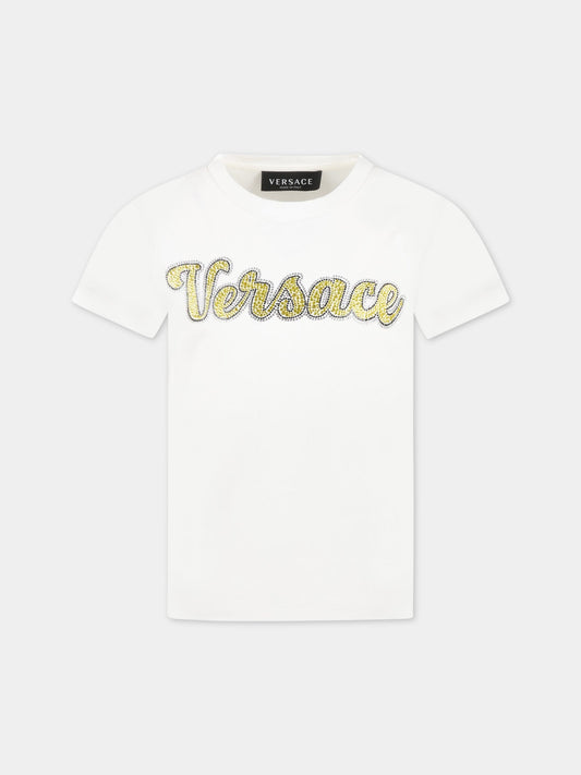 T-shirt bianca per bambina con logo giallo in strass,Versace,1000052 1A06484 2WE60