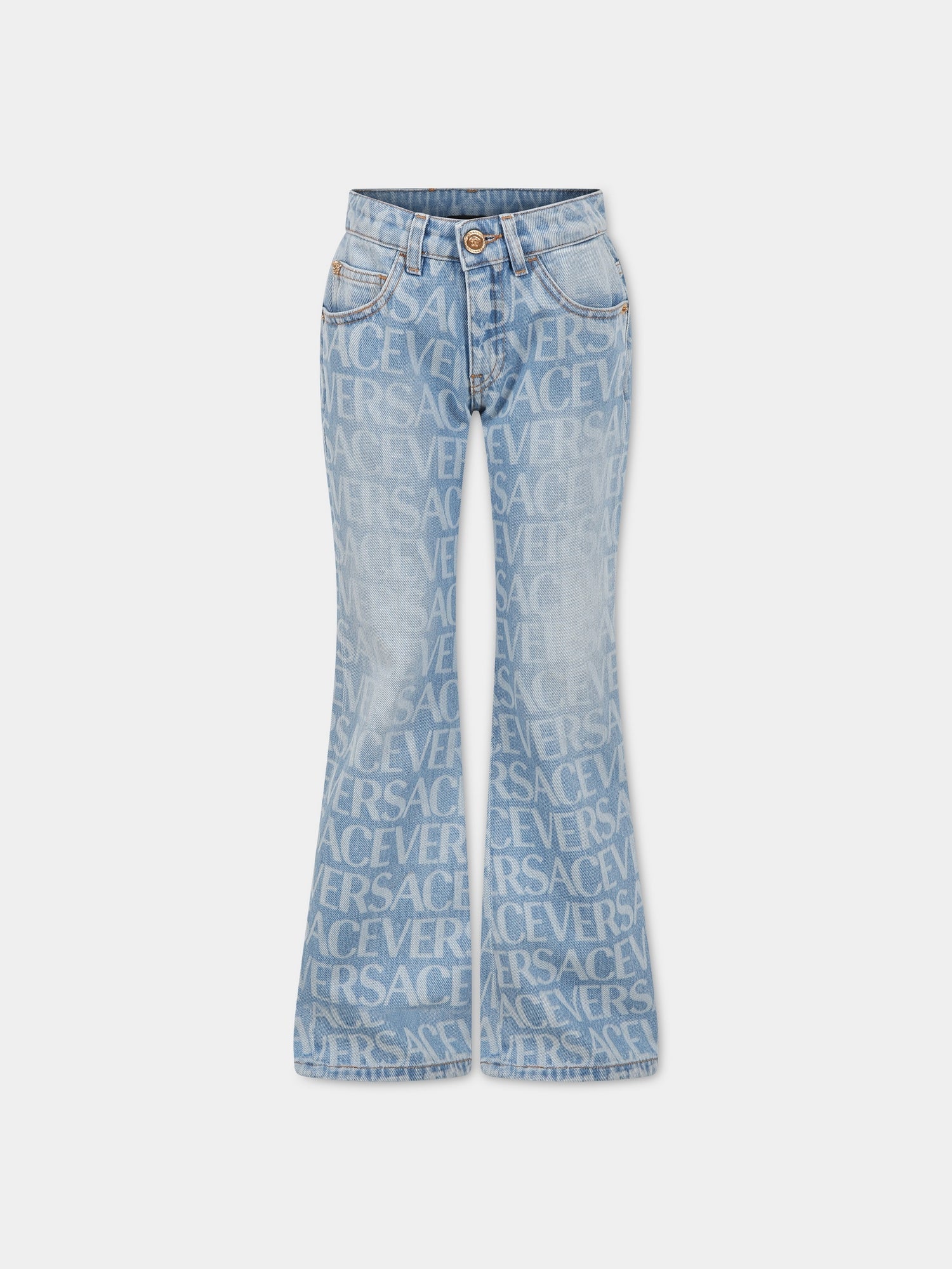 Jeans celeste per bambina con stampa logo,Versace,1000583 1A06524 1D450