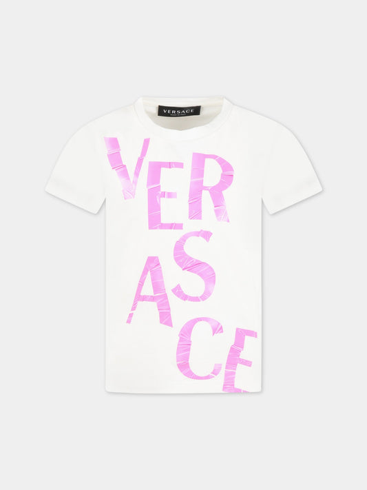 T-shirt bianca per bambina con logo fucsia,Versace,1000239 1A06518 2W310