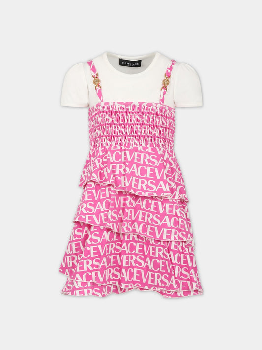 Abito fucsia per bambina con stampa logo,Versace,1002651 1A06466 2W310